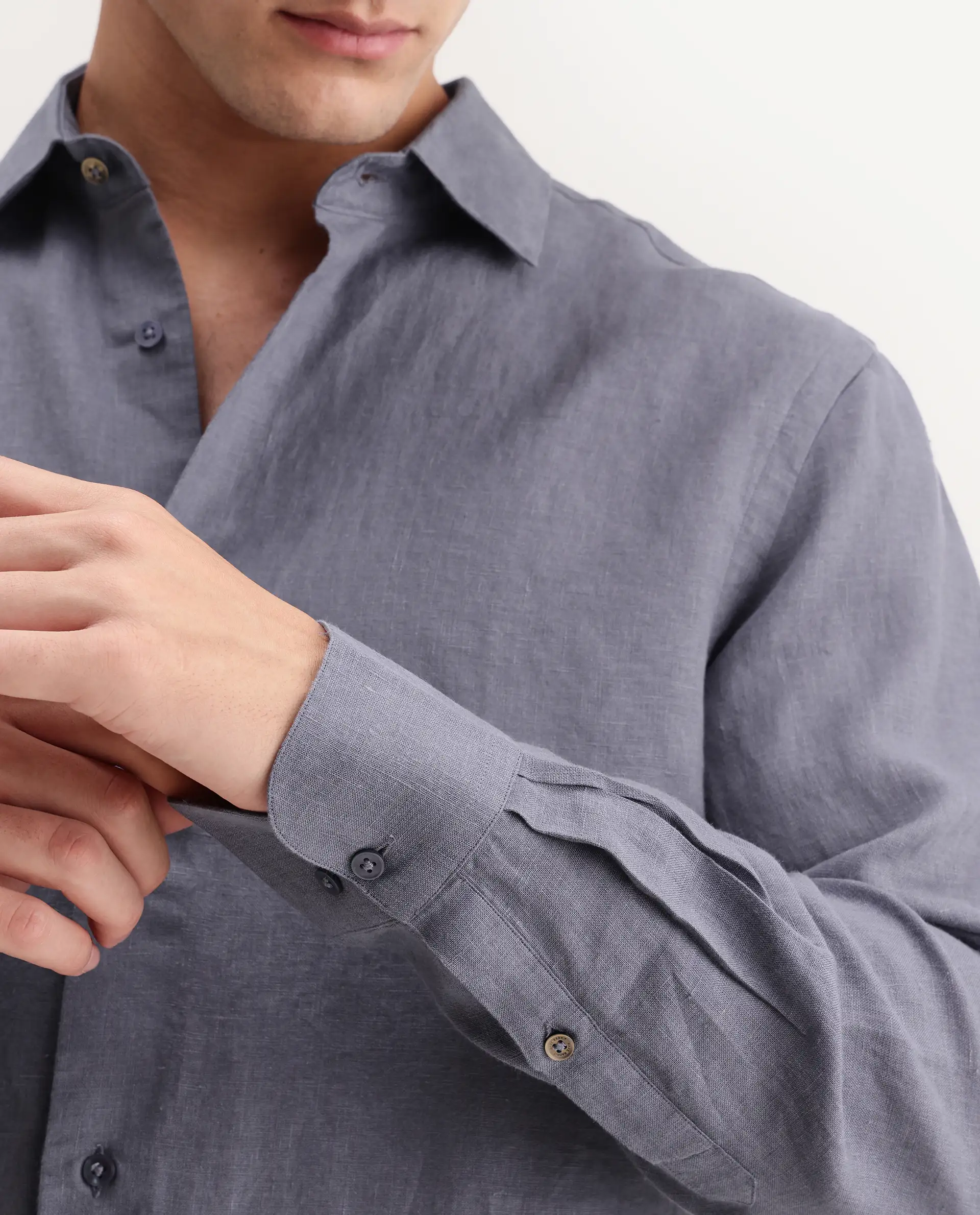 Rare Rabbit Men's Mavi-Aw26 Dusky Grey 100% Linen Spread Collar Regular Plain Shirt - Image 3