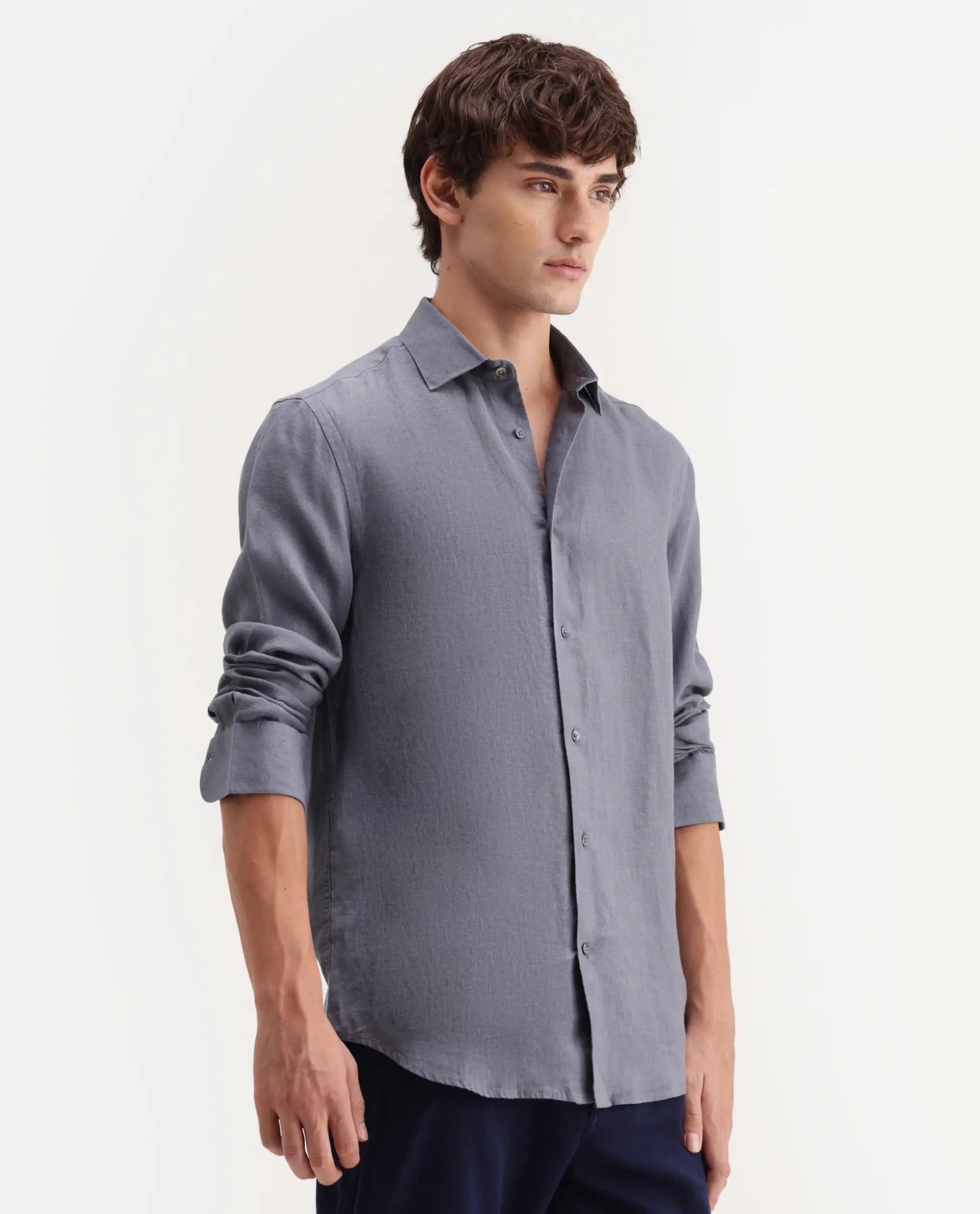 Rare Rabbit Men's Mavi-Aw26 Dusky Grey 100% Linen Spread Collar Regular Plain Shirt - Image 6