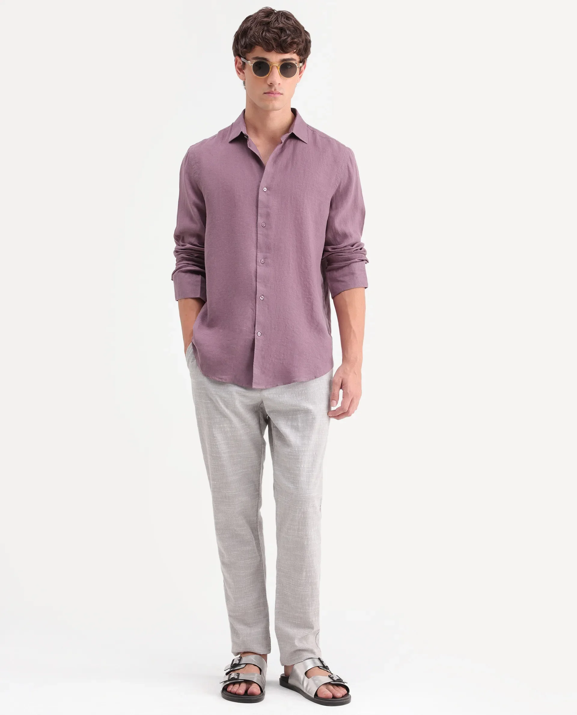 Rare Rabbit Men's Mavi-Aw26 Dusky Pink 100% Linen Spread Collar Regular Plain Shirt - Image 2