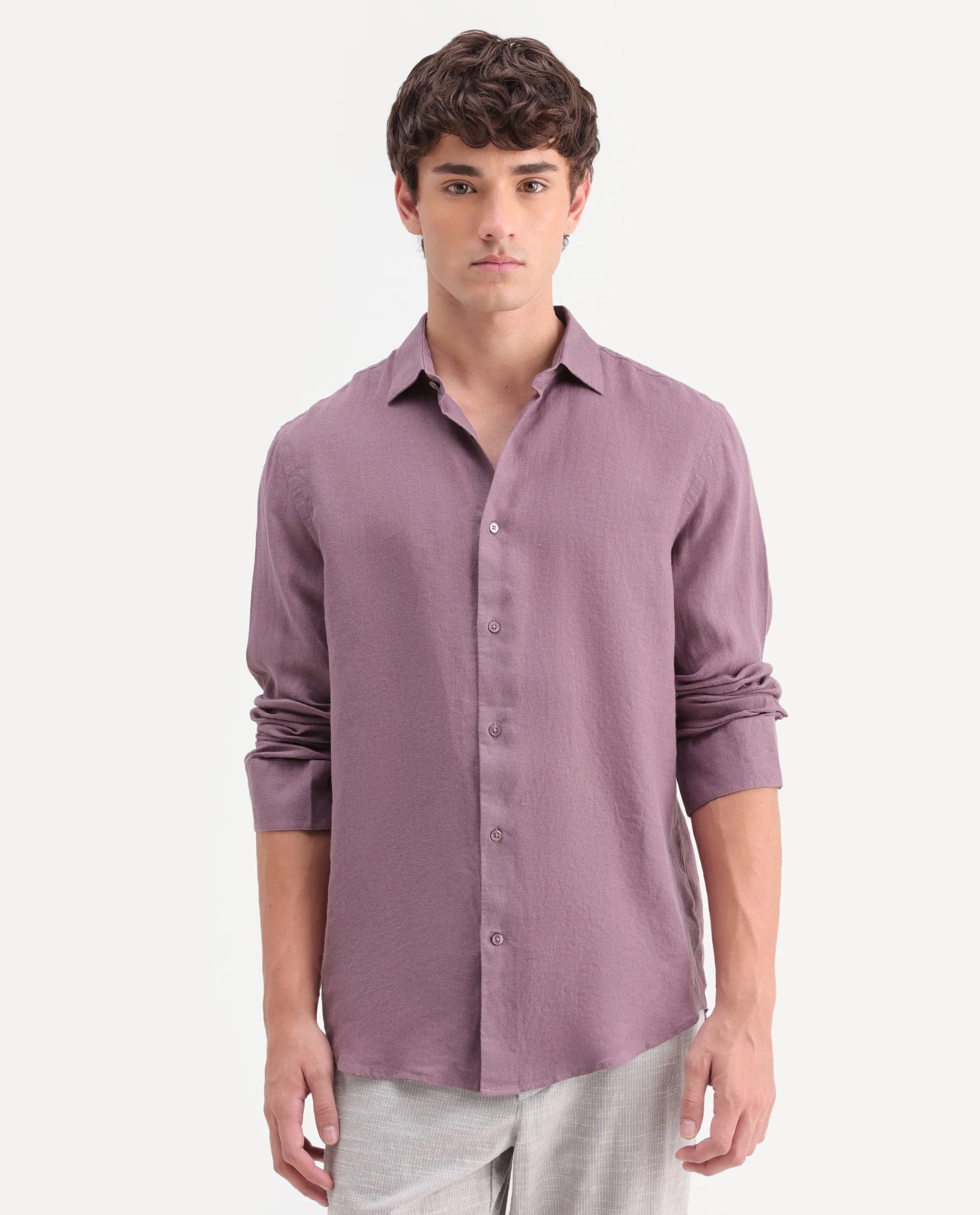 Rare Rabbit Men's Mavi-Aw26 Dusky Pink 100% Linen Spread Collar Regular Plain Shirt - Image 4