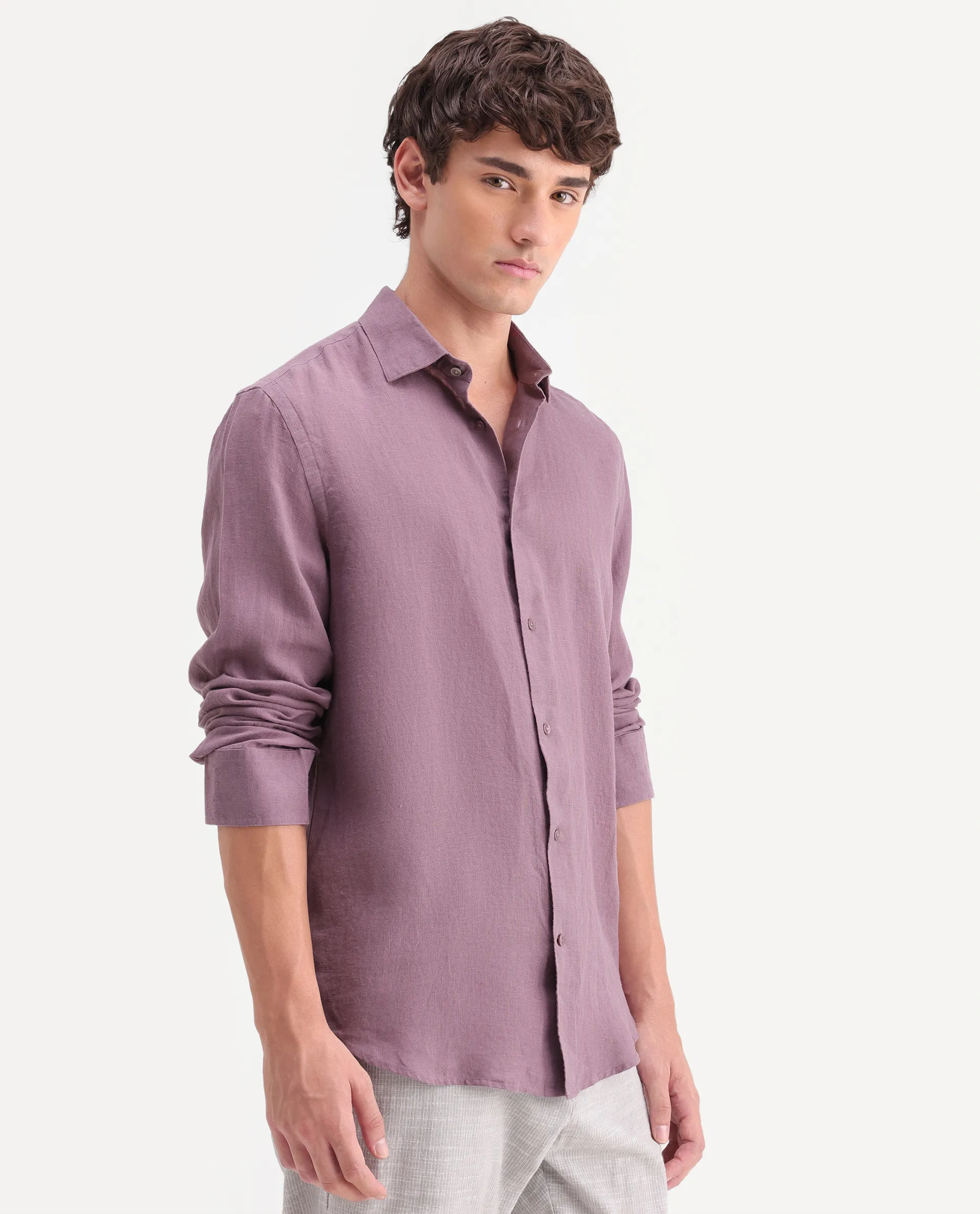 Rare Rabbit Men's Mavi-Aw26 Dusky Pink 100% Linen Spread Collar Regular Plain Shirt - Image 5