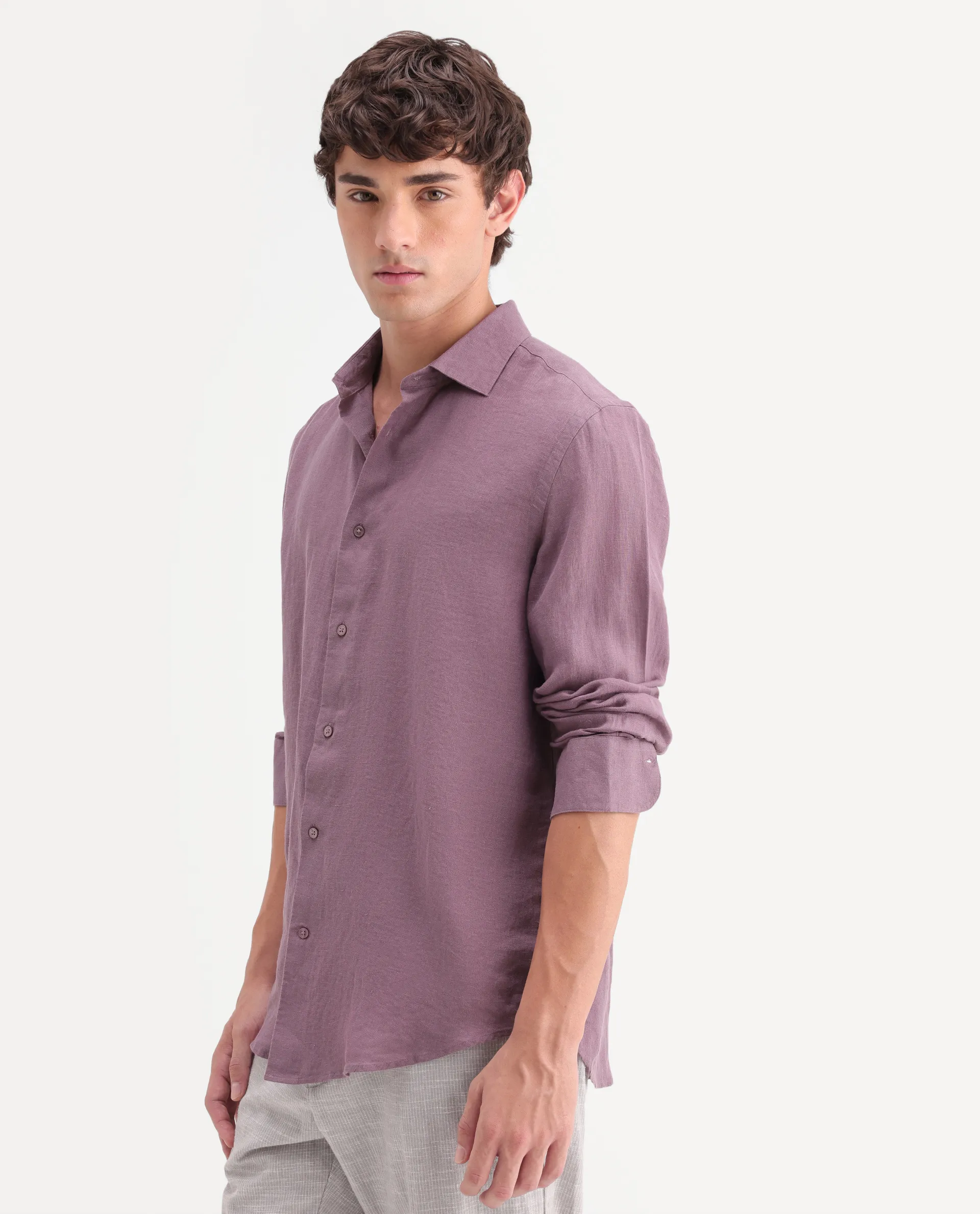 Rare Rabbit Men's Mavi-Aw26 Dusky Pink 100% Linen Spread Collar Regular Plain Shirt - Image 6