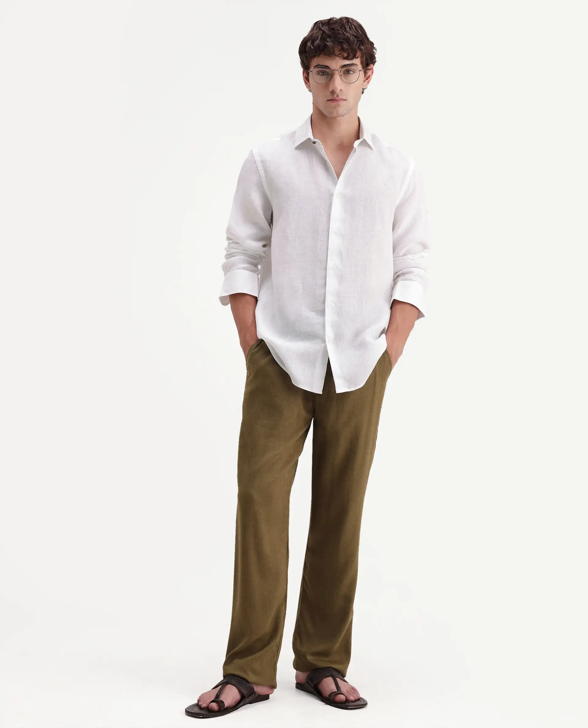 Rare Rabbit Men's Mavi-Aw26 White 100% Linen Spread Collar Regular Plain Shirt - Image 2