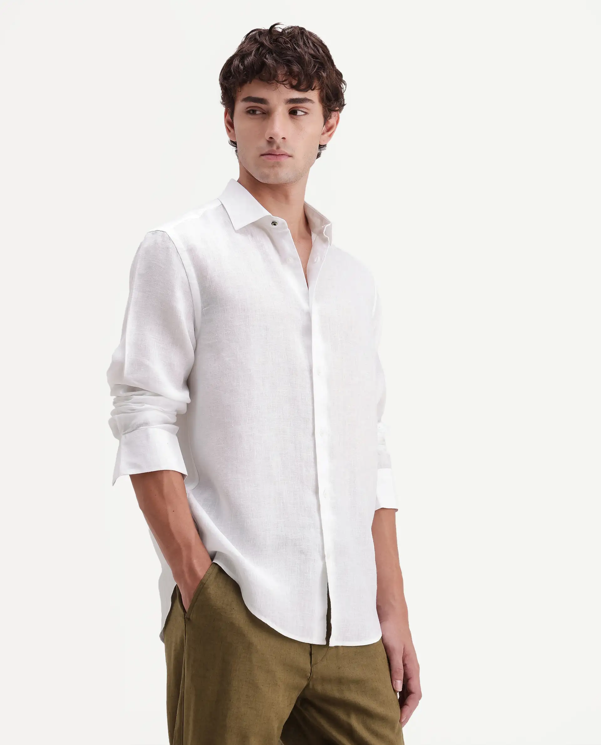 Rare Rabbit Men's Mavi-Aw26 White 100% Linen Spread Collar Regular Plain Shirt - Image 4