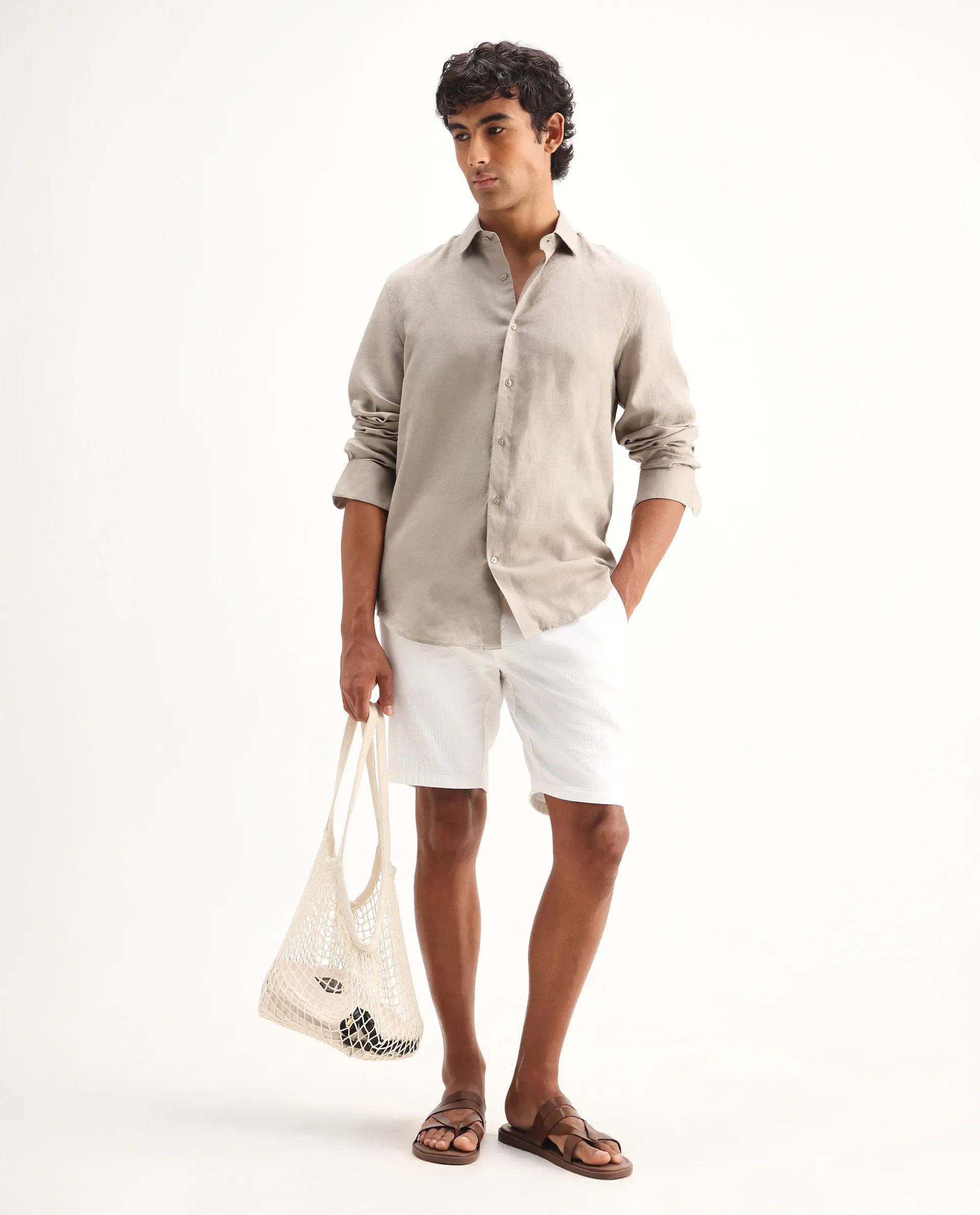 Rare Rabbit Men's Mavi Beige Linen Plain Regular Fit Full Sleeve Collared Shirt - Image 2