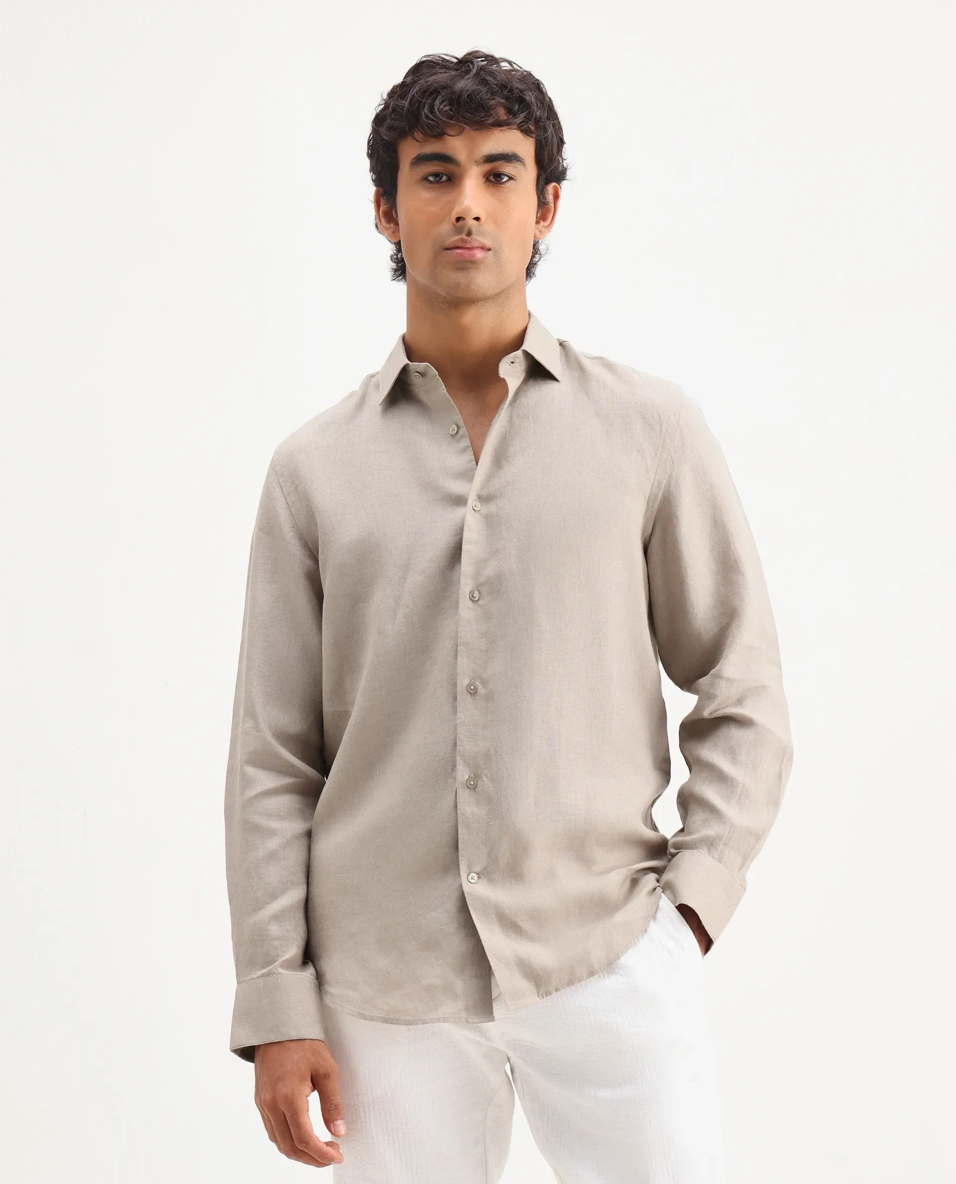 Rare Rabbit Men's Mavi Beige Linen Plain Regular Fit Full Sleeve Collared Shirt - Image 4