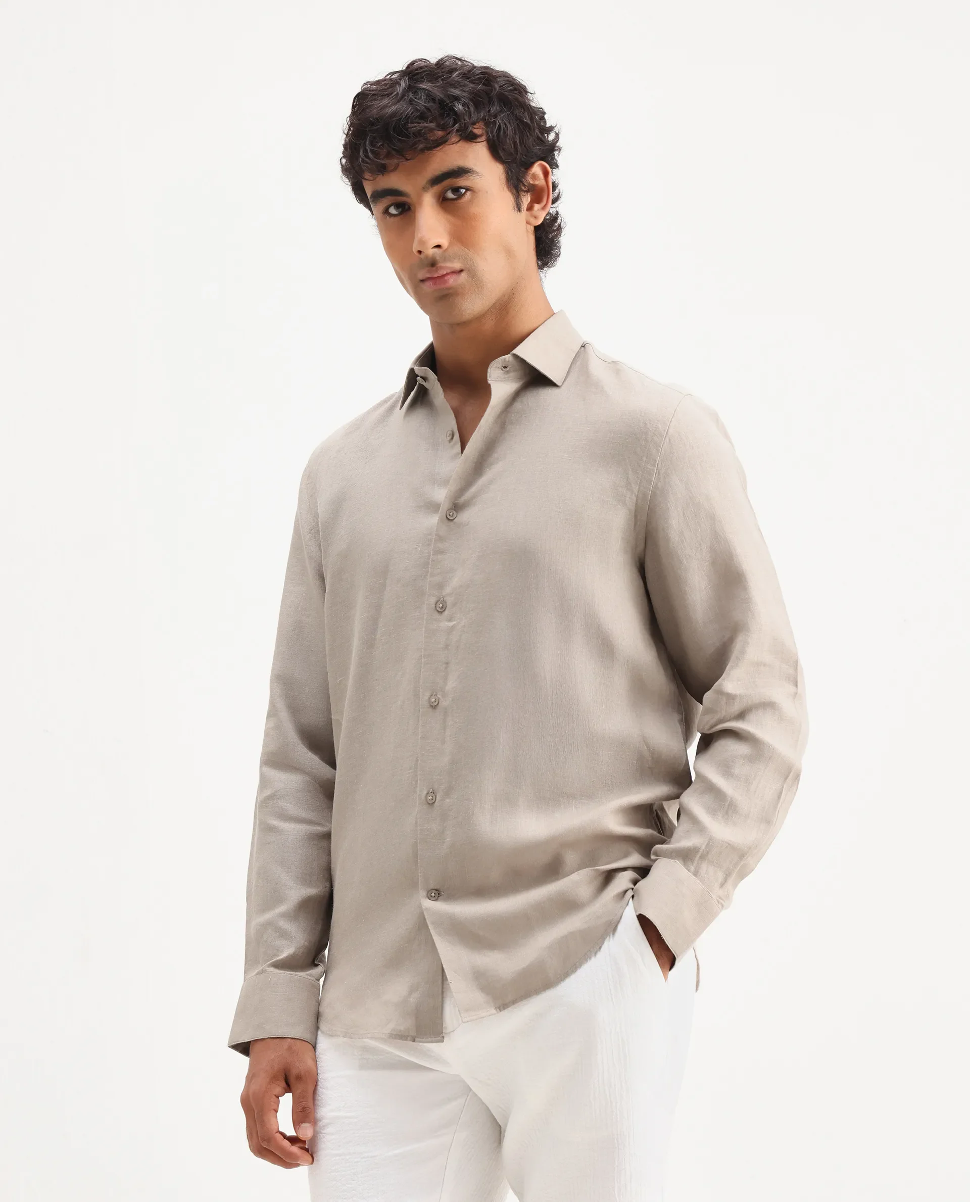 Rare Rabbit Men's Mavi Beige Linen Plain Regular Fit Full Sleeve Collared Shirt - Image 5