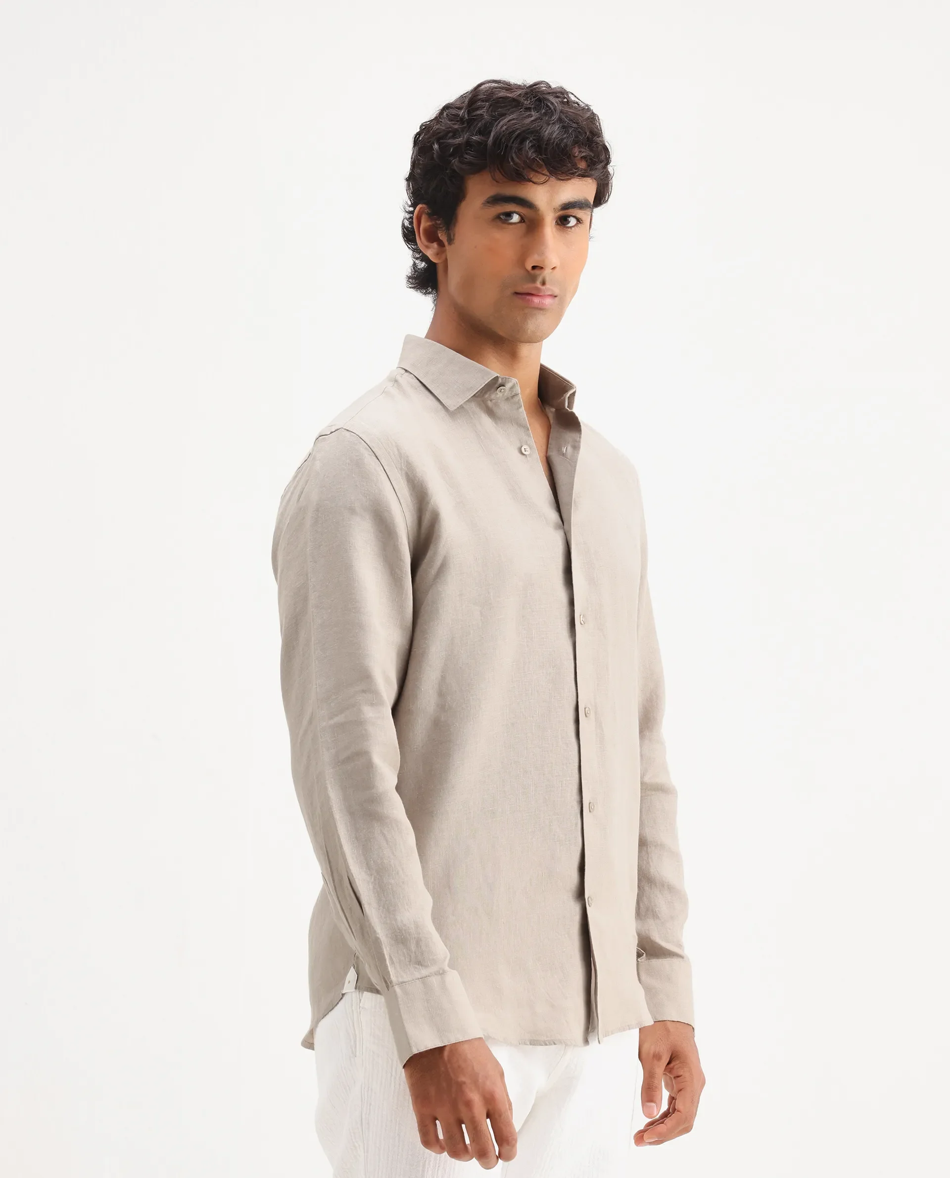 Rare Rabbit Men's Mavi Beige Linen Plain Regular Fit Full Sleeve Collared Shirt - Image 6