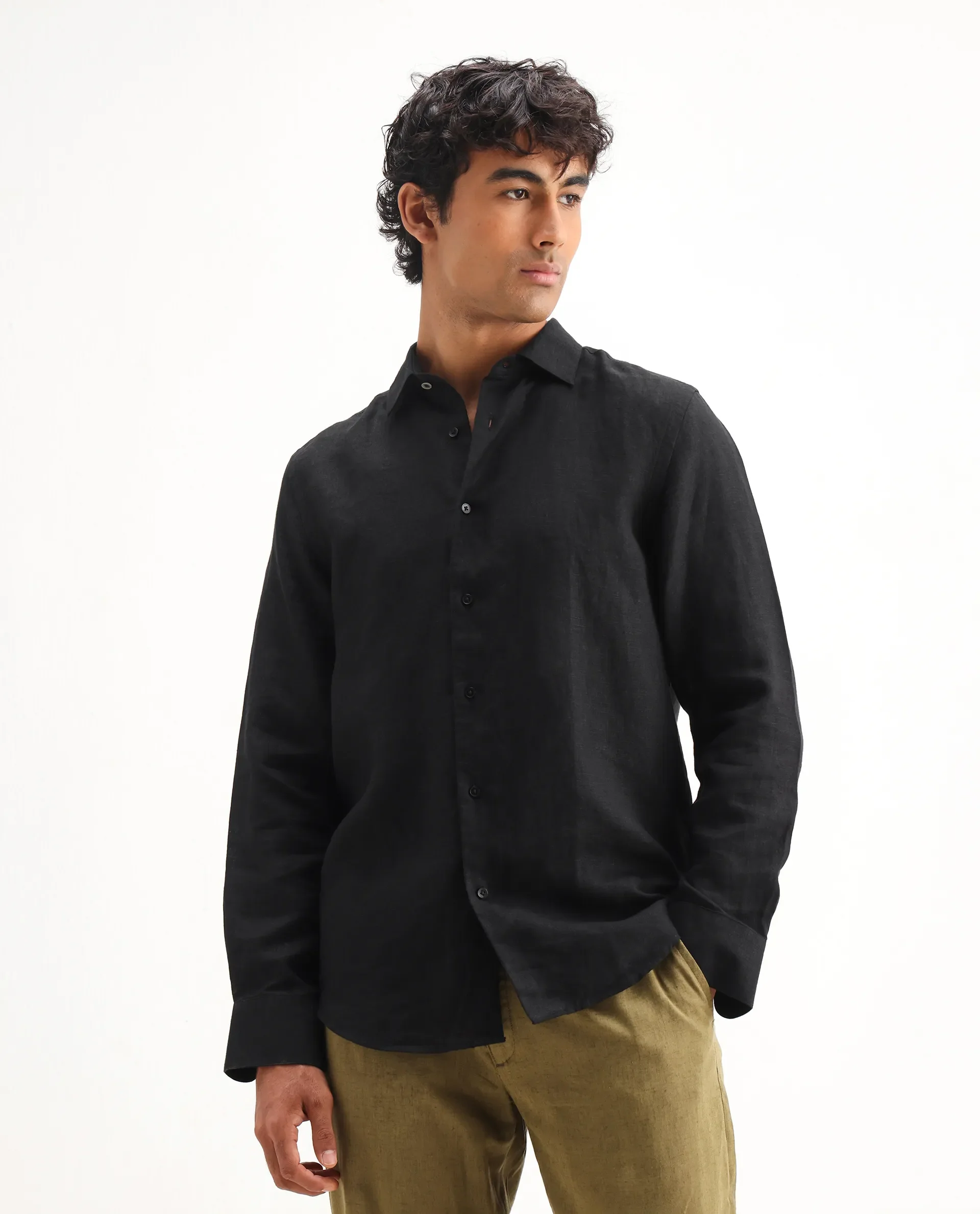 Rare Rabbit Men's Mavi Black Linen Plain Regular Fit Full Sleeve Collared Shirt - Image 4