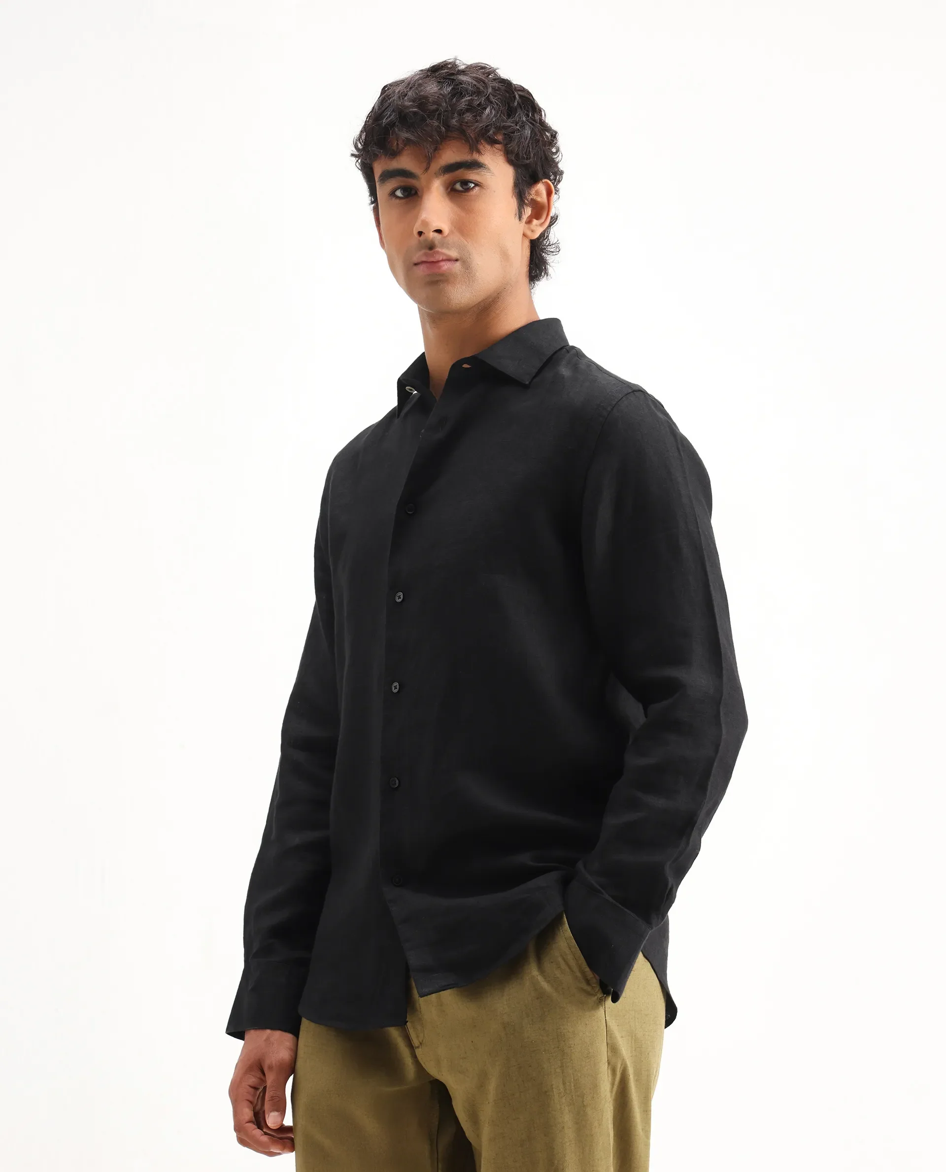 Rare Rabbit Men's Mavi Black Linen Plain Regular Fit Full Sleeve Collared Shirt - Image 5