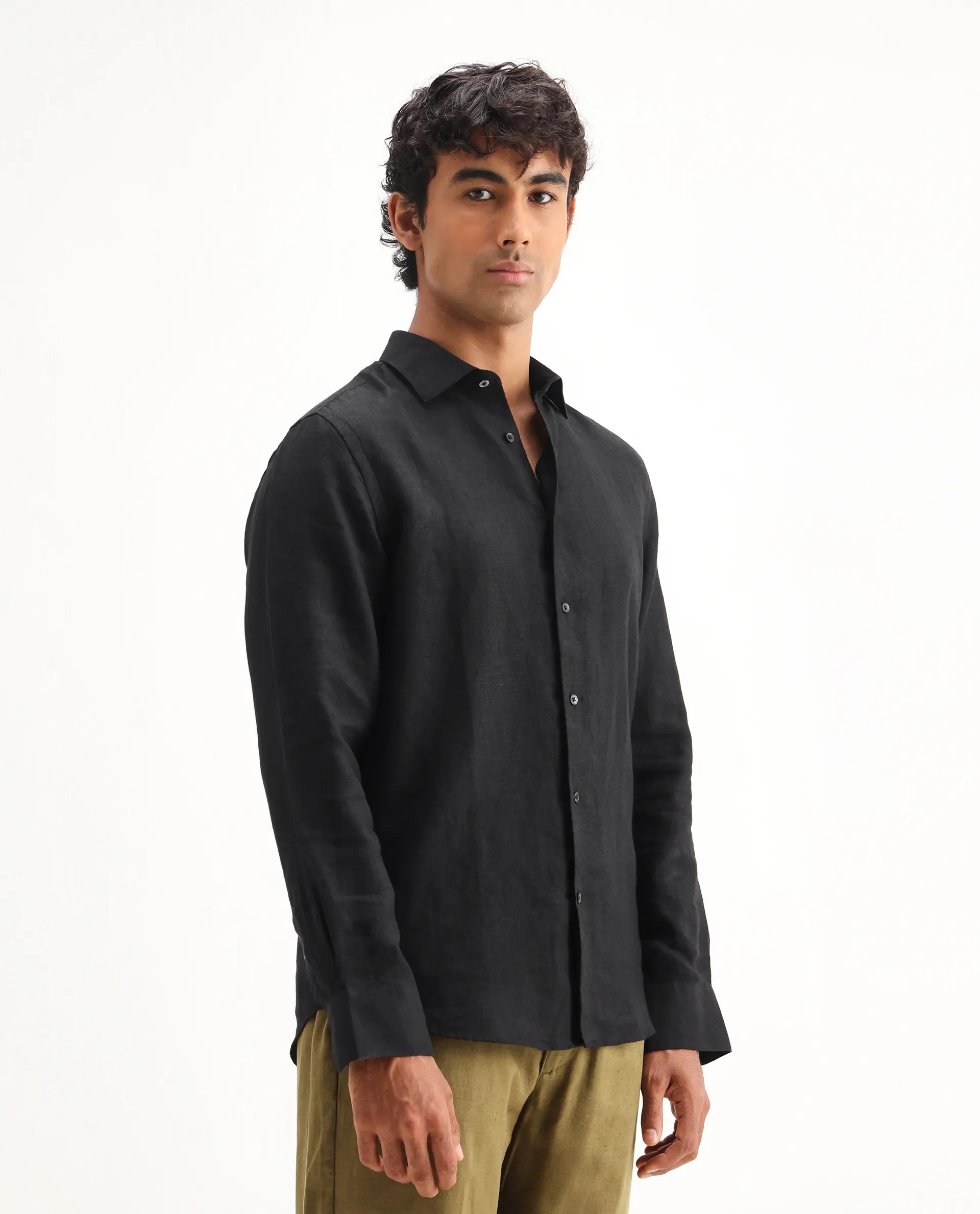 Rare Rabbit Men's Mavi Black Linen Plain Regular Fit Full Sleeve Collared Shirt - Image 6