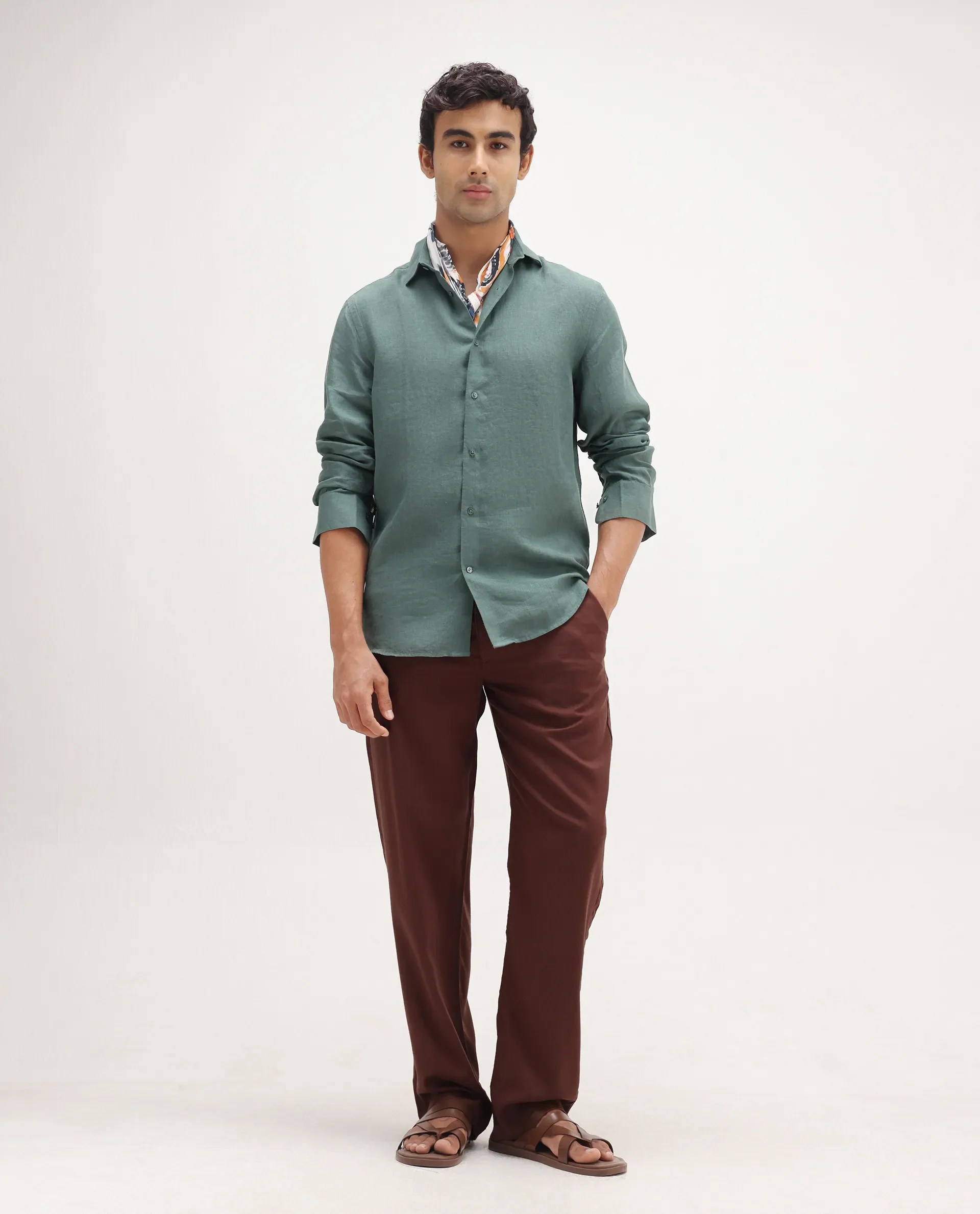 Rare Rabbit Men's Mavi Dusky Green Linen Plain Regular Fit Full Sleeve Collared Shirt - Image 2