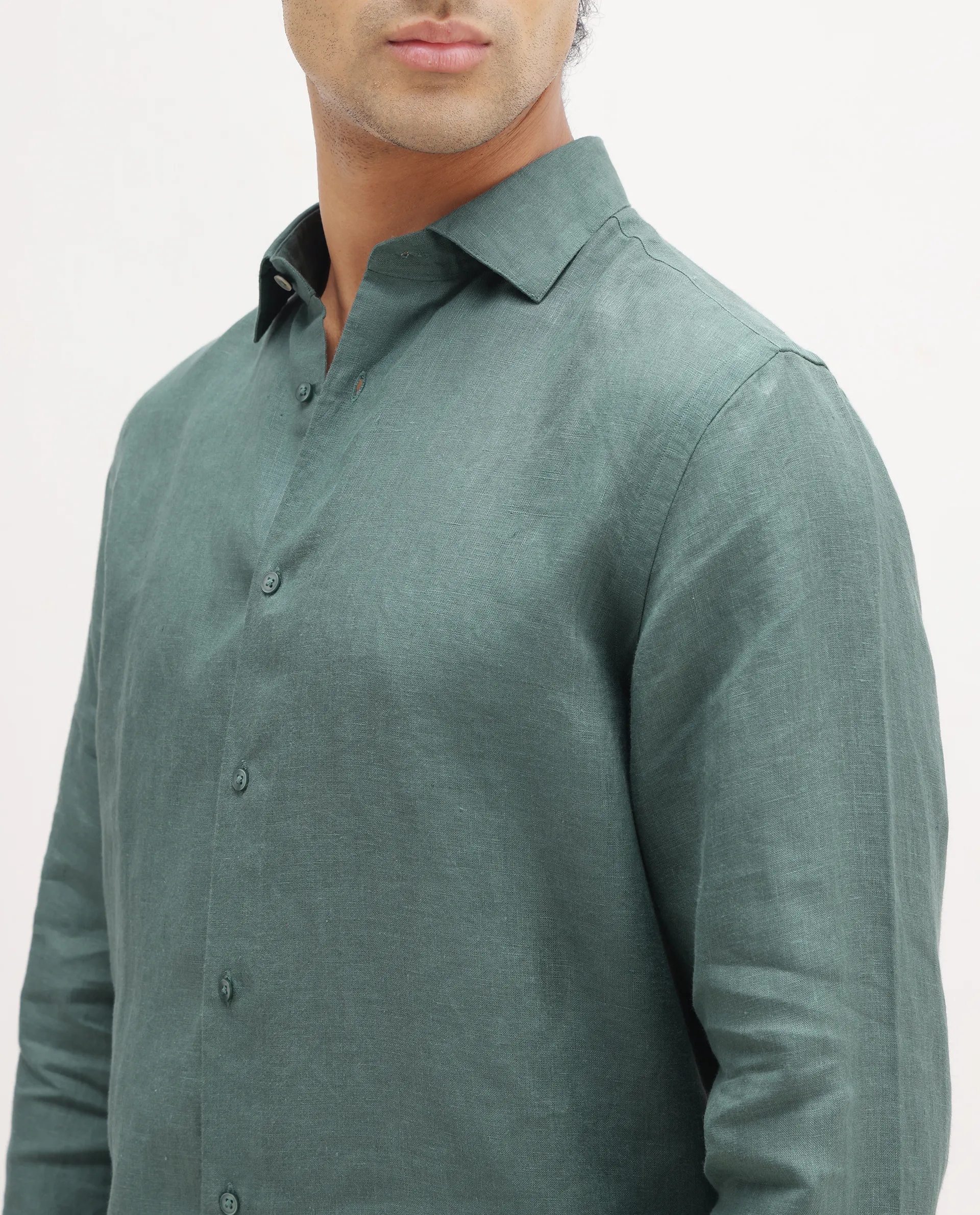 Rare Rabbit Men's Mavi Dusky Green Linen Plain Regular Fit Full Sleeve Collared Shirt - Image 3