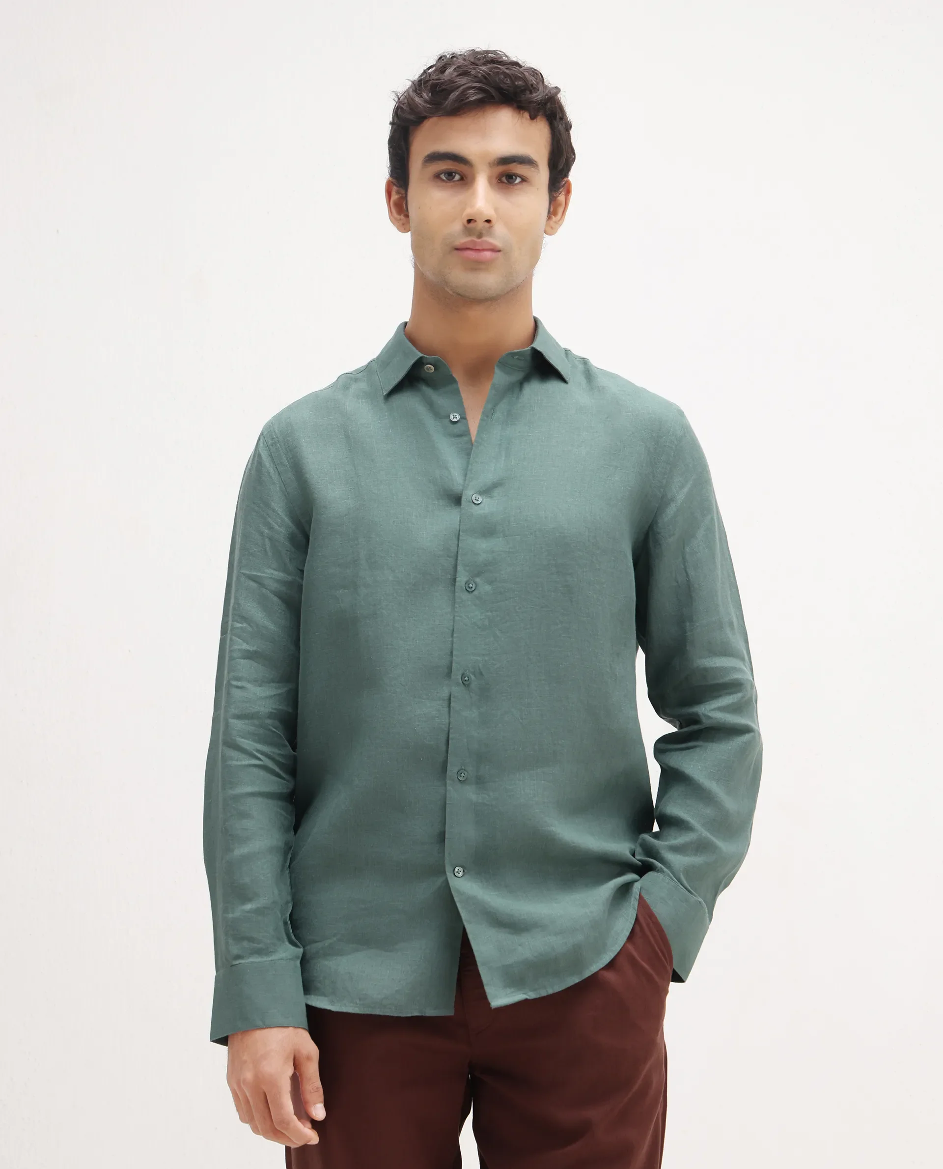 Rare Rabbit Men's Mavi Dusky Green Linen Plain Regular Fit Full Sleeve Collared Shirt - Image 4