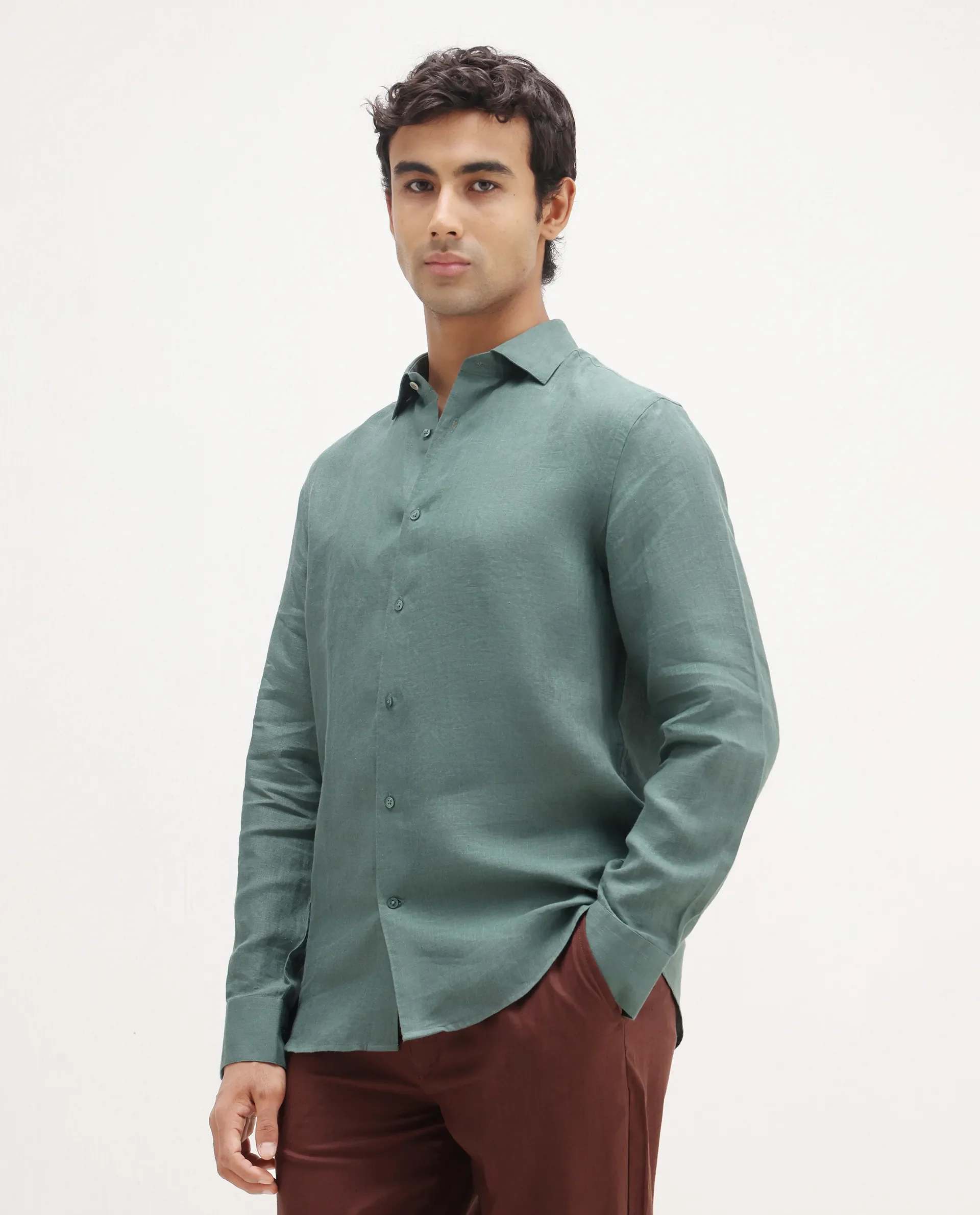 Rare Rabbit Men's Mavi Dusky Green Linen Plain Regular Fit Full Sleeve Collared Shirt - Image 5