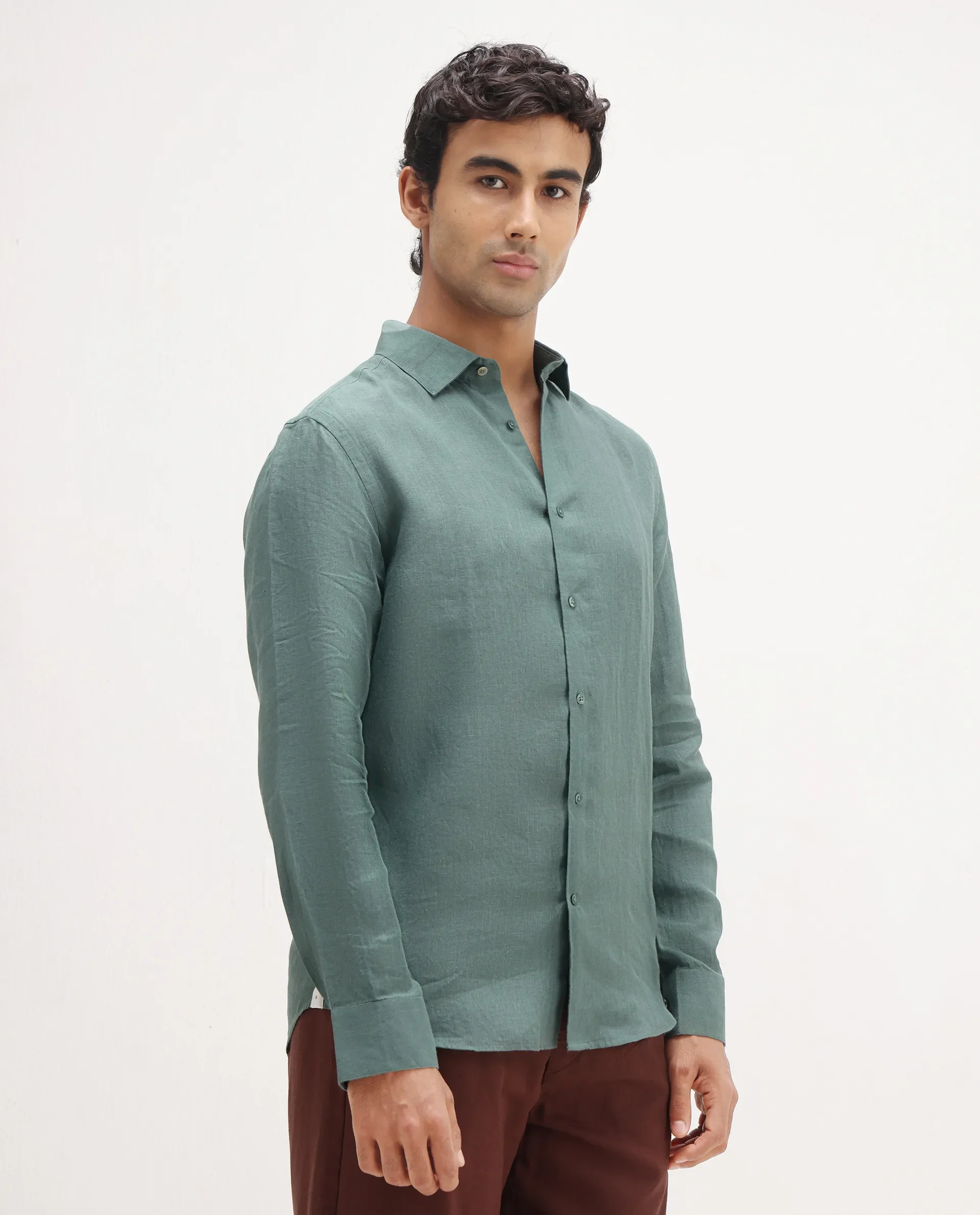 Rare Rabbit Men's Mavi Dusky Green Linen Plain Regular Fit Full Sleeve Collared Shirt - Image 6