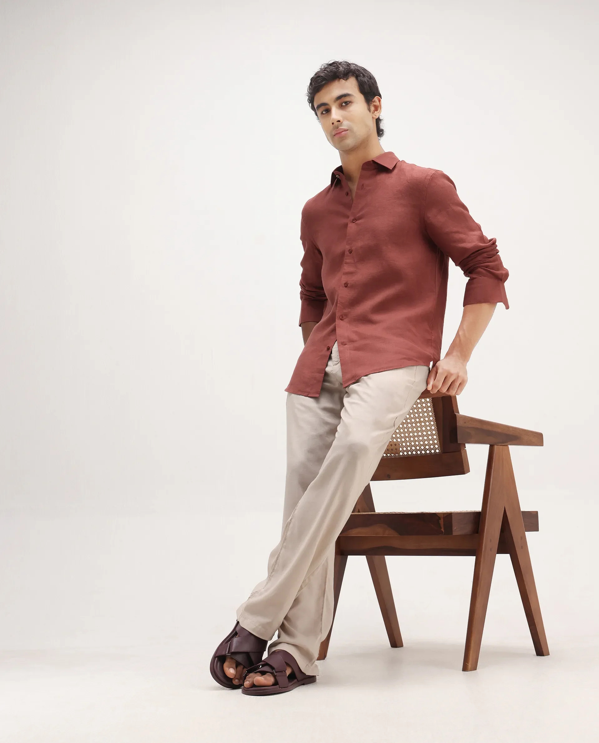 Rare Rabbit Men's Mavi Rust Linen Plain Regular Fit Full Sleeve Collared Shirt - Image 2