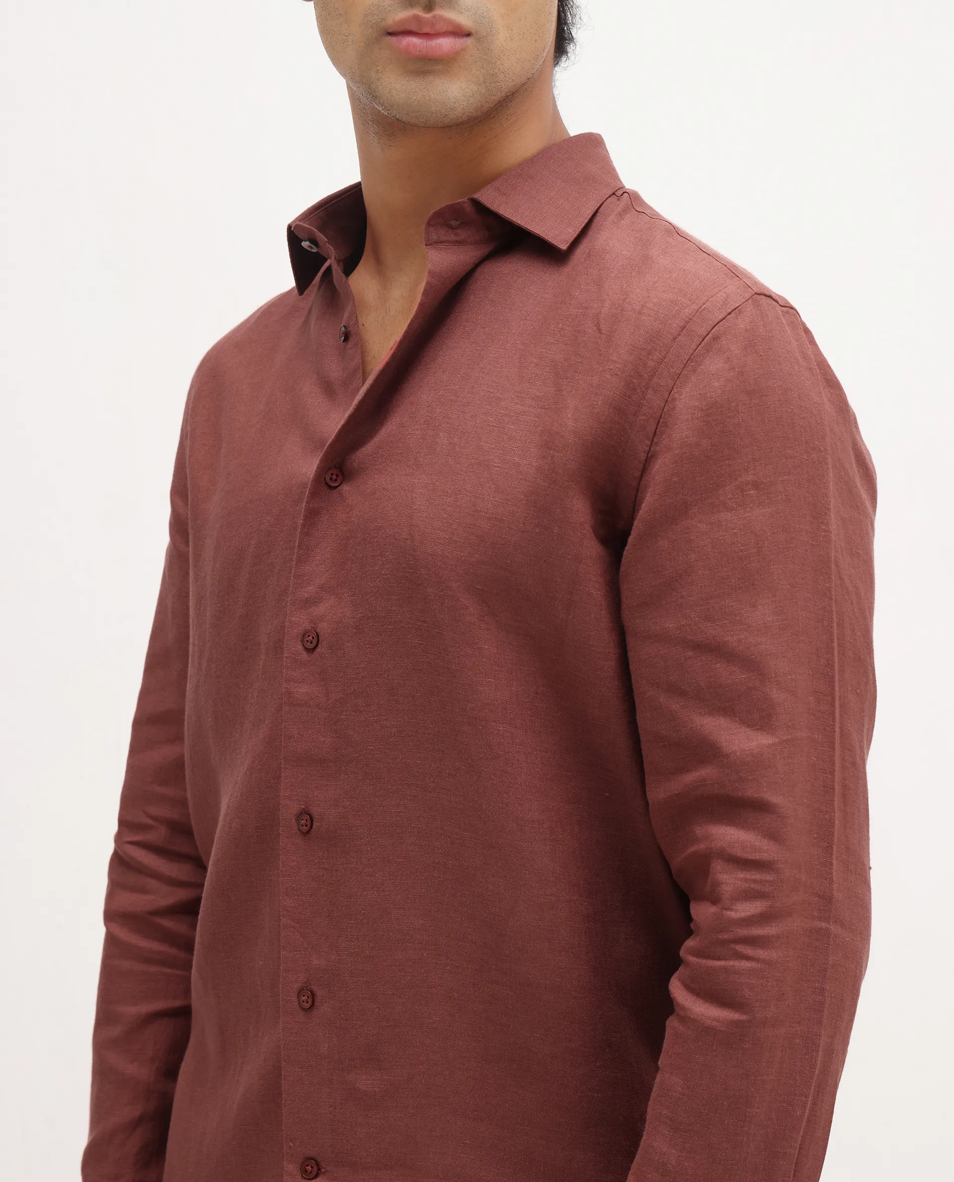 Rare Rabbit Men's Mavi Rust Linen Plain Regular Fit Full Sleeve Collared Shirt - Image 3
