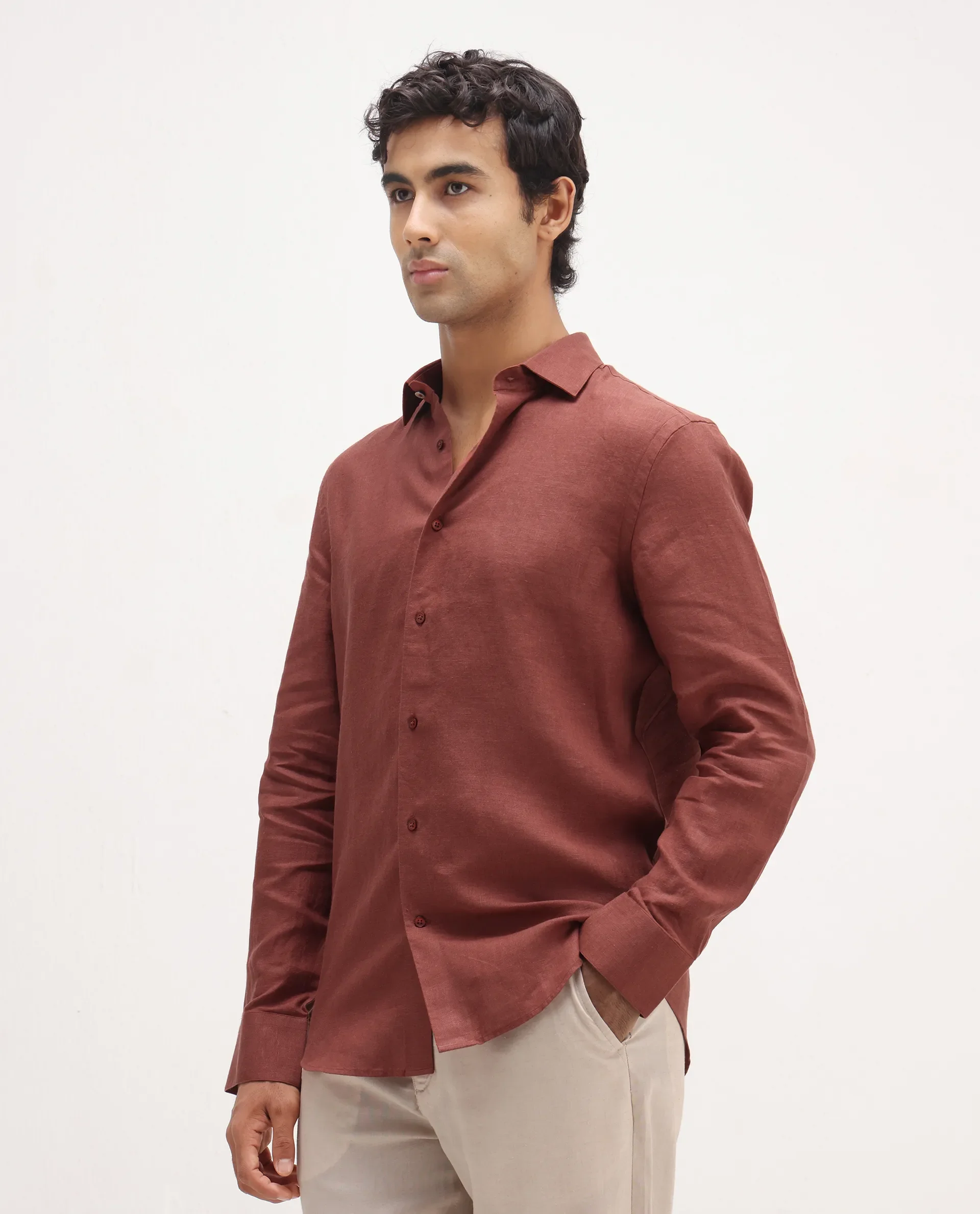 Rare Rabbit Men's Mavi Rust Linen Plain Regular Fit Full Sleeve Collared Shirt - Image 4