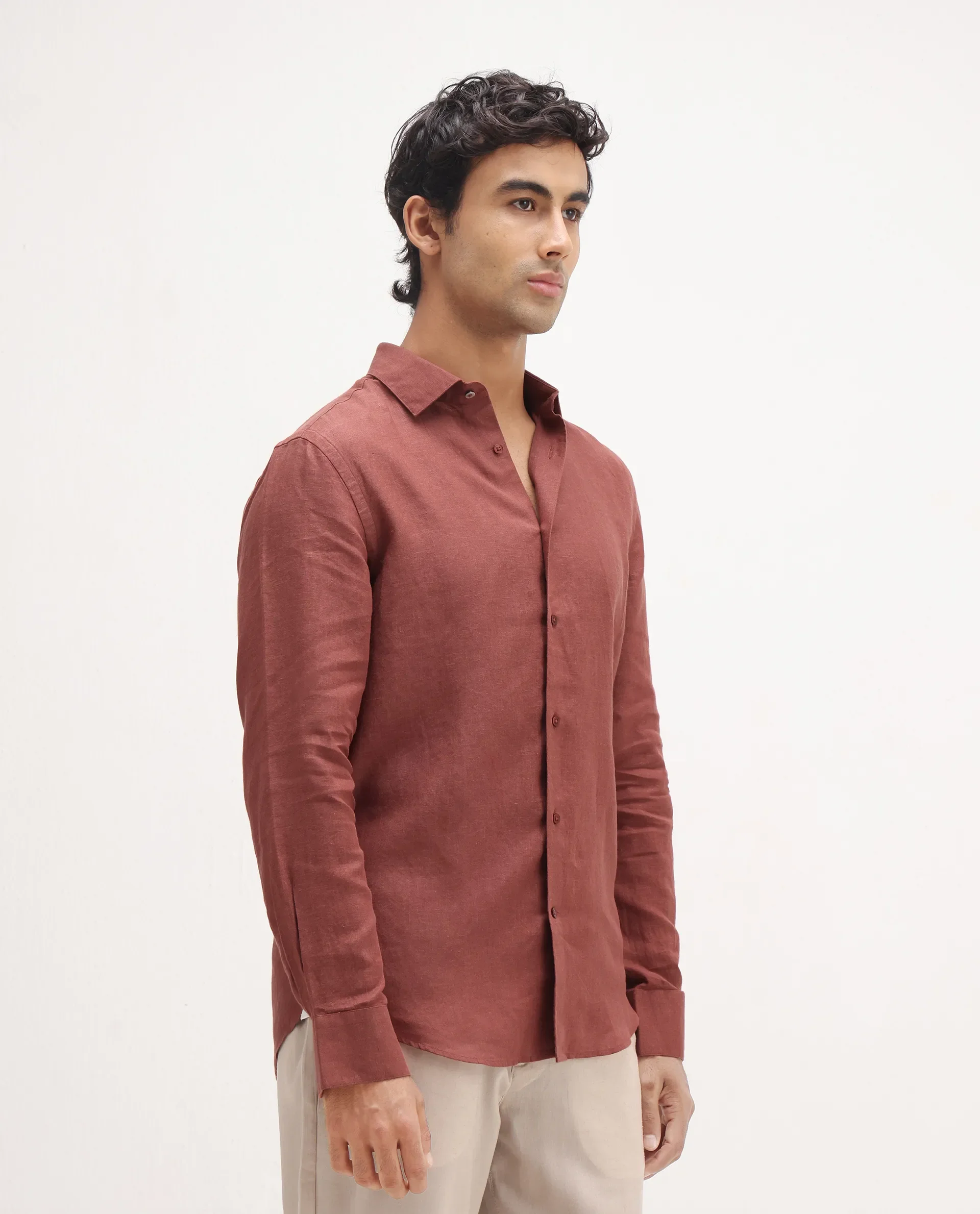 Rare Rabbit Men's Mavi Rust Linen Plain Regular Fit Full Sleeve Collared Shirt - Image 5