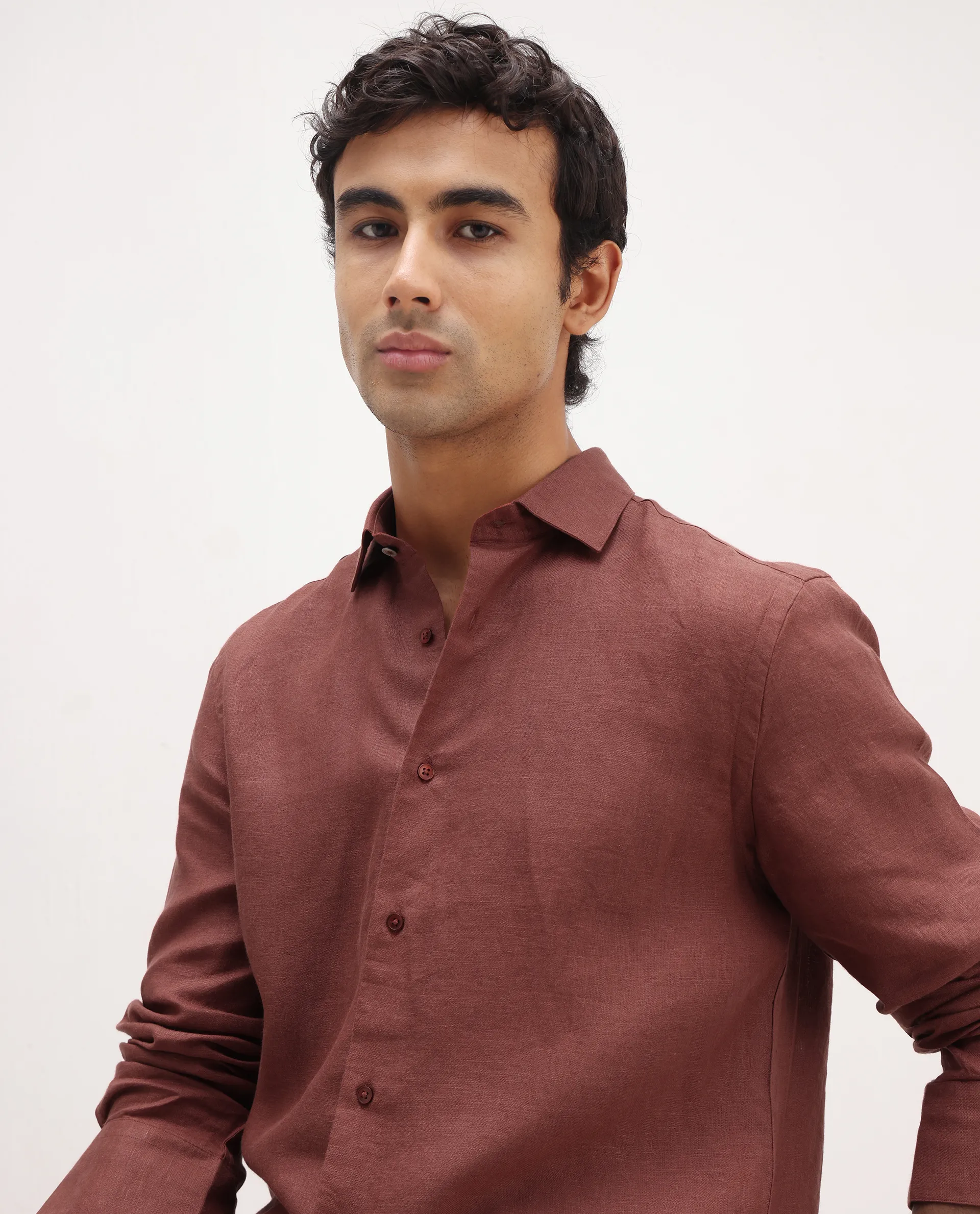 Rare Rabbit Men's Mavi Rust Linen Plain Regular Fit Full Sleeve Collared Shirt - Image 6
