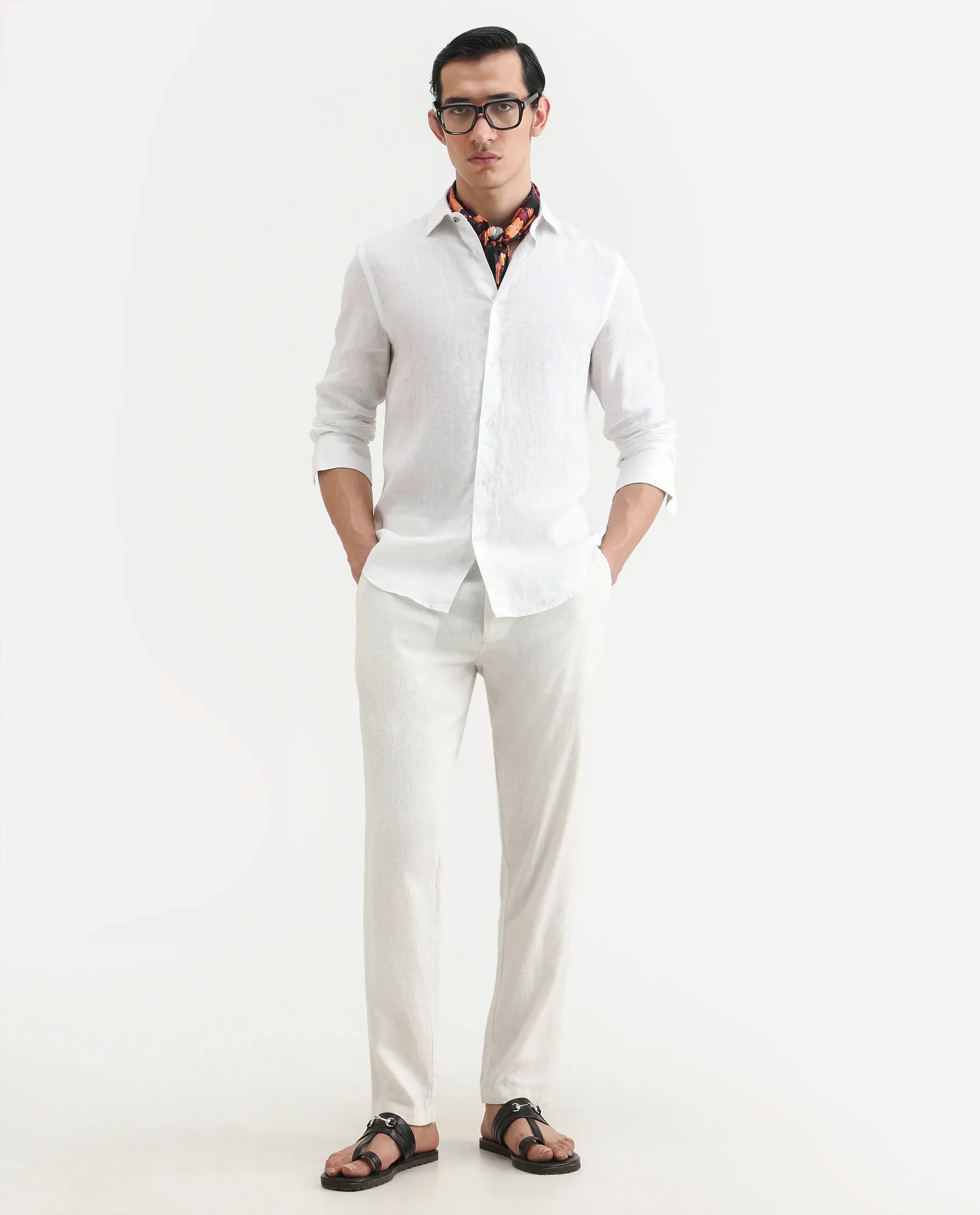 Rare Rabbit Men's Mavi White Linen Plain Regular Fit Full Sleeve Collared Shirt - Image 2