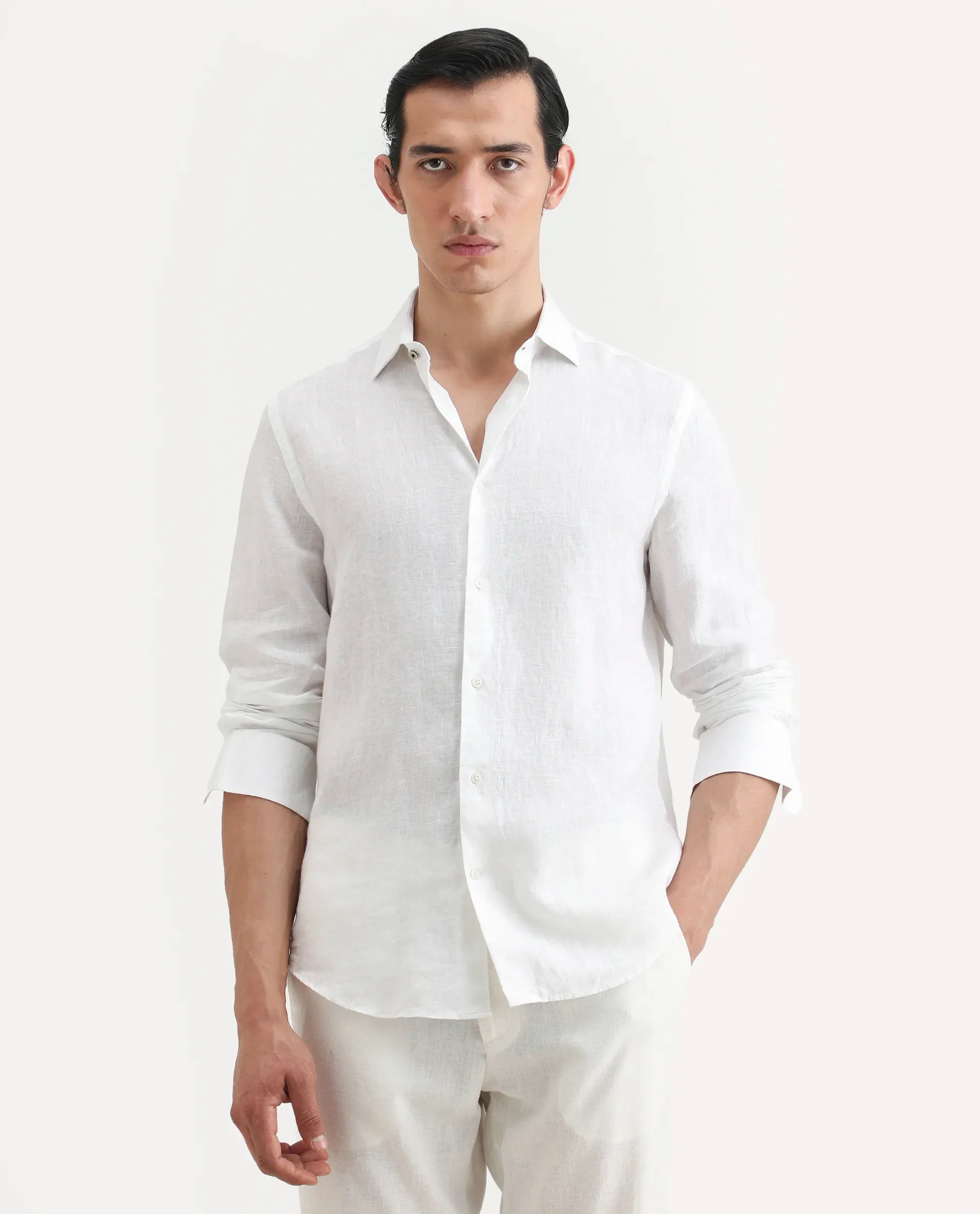 Rare Rabbit Men's Mavi White Linen Plain Regular Fit Full Sleeve Collared Shirt - Image 3