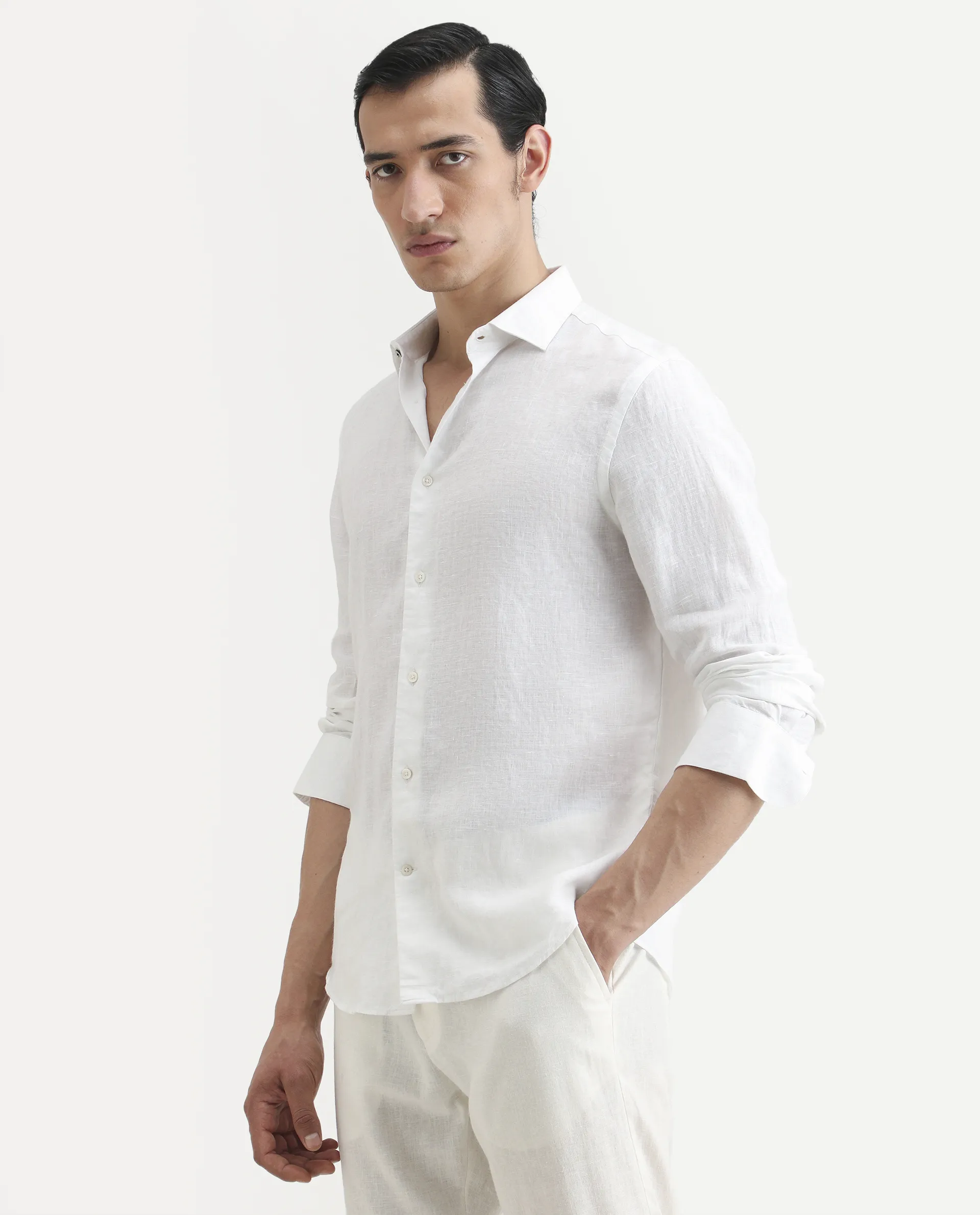 Rare Rabbit Men's Mavi White Linen Plain Regular Fit Full Sleeve Collared Shirt - Image 5