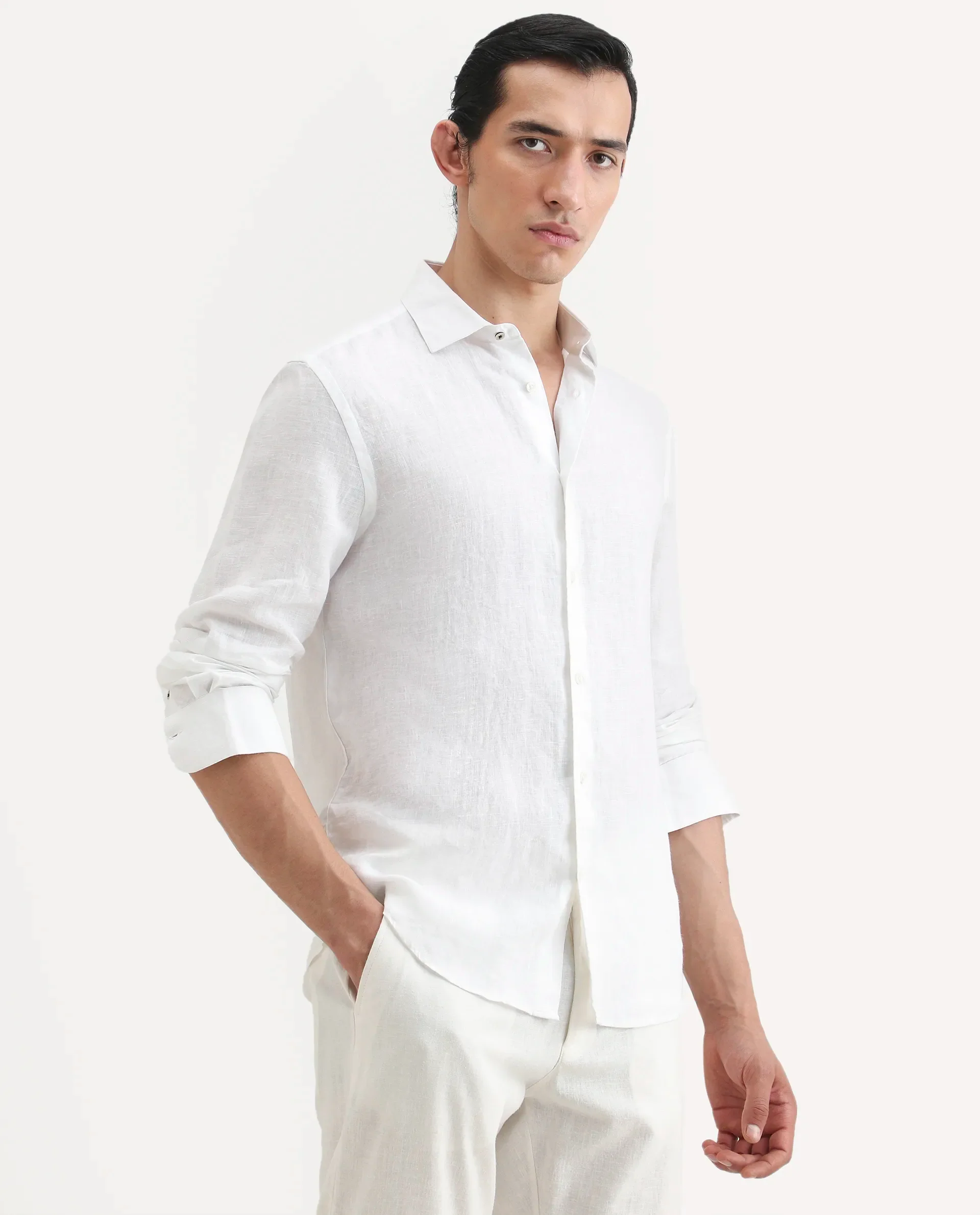 Rare Rabbit Men's Mavi White Linen Plain Regular Fit Full Sleeve Collared Shirt - Image 6