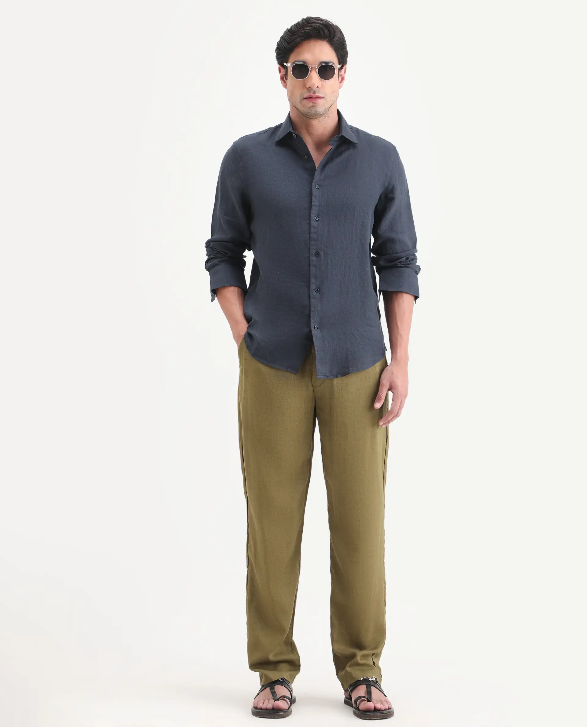 Rare Rabbit Men's Mavi-S26 Dark Blue 100% Linen Fabric Full Sleeve Spread Collar Regular Fit Plain Shirt - Image 2
