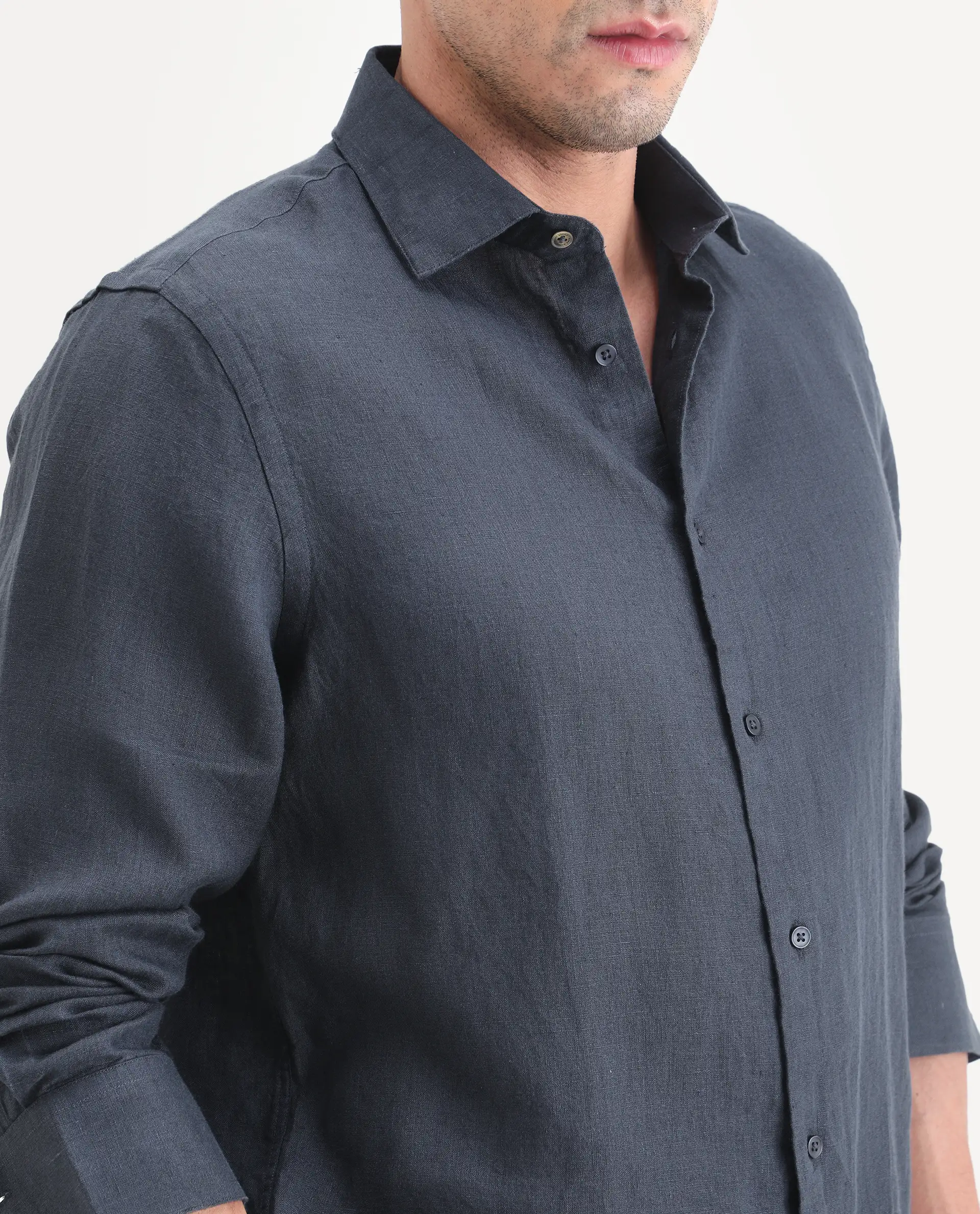 Rare Rabbit Men's Mavi-S26 Dark Blue 100% Linen Fabric Full Sleeve Spread Collar Regular Fit Plain Shirt - Image 3