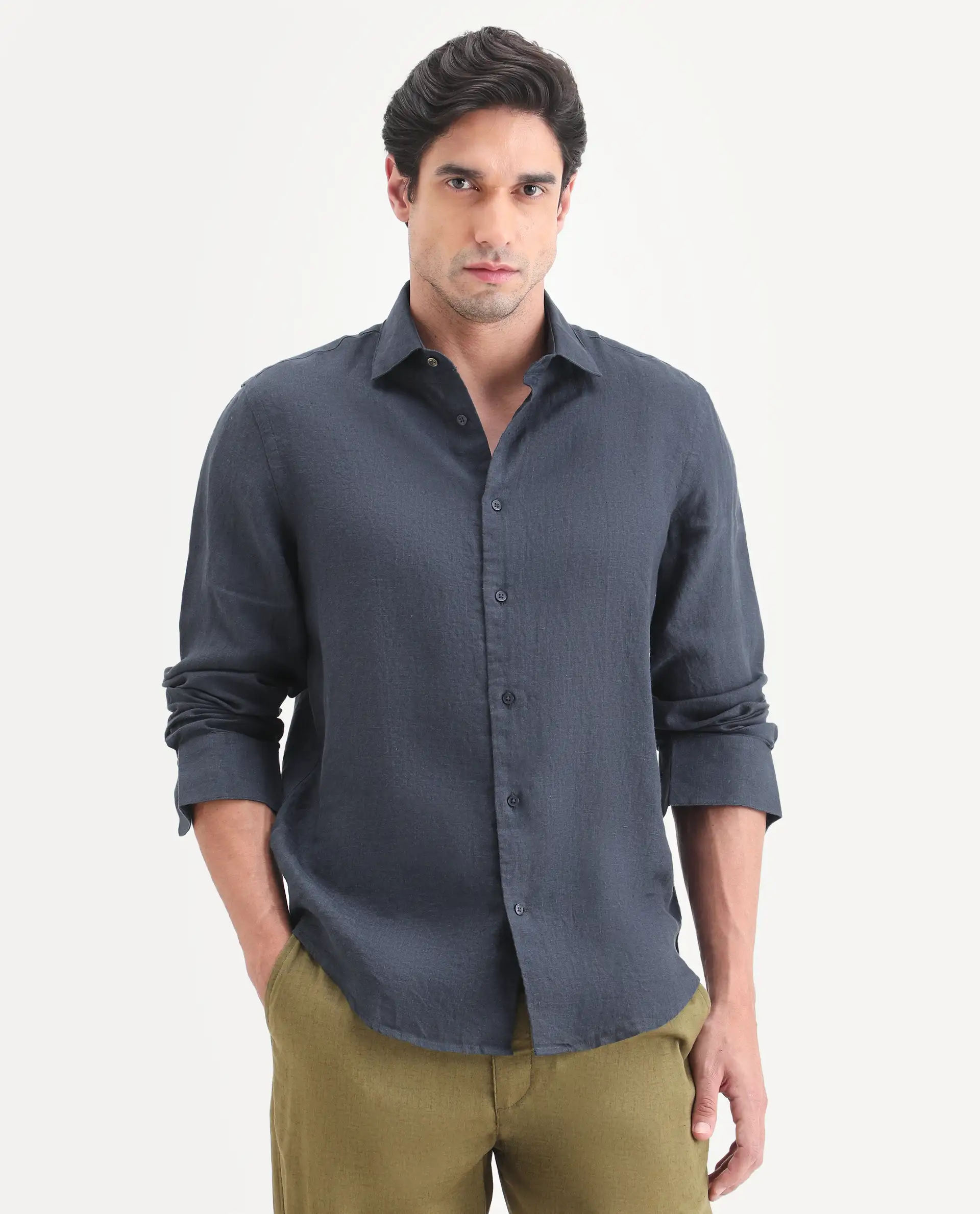 Rare Rabbit Men's Mavi-S26 Dark Blue 100% Linen Fabric Full Sleeve Spread Collar Regular Fit Plain Shirt - Image 4