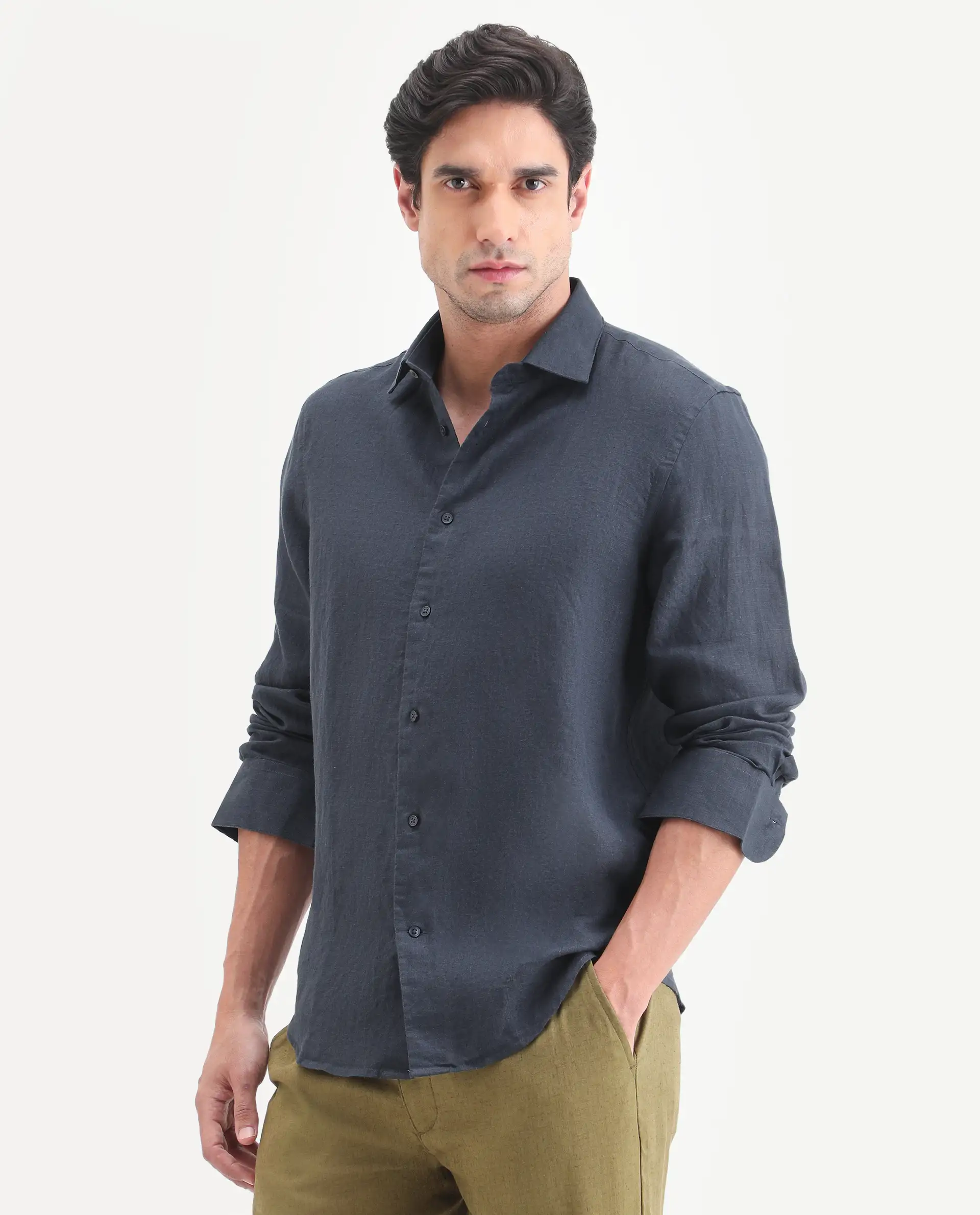 Rare Rabbit Men's Mavi-S26 Dark Blue 100% Linen Fabric Full Sleeve Spread Collar Regular Fit Plain Shirt - Image 5