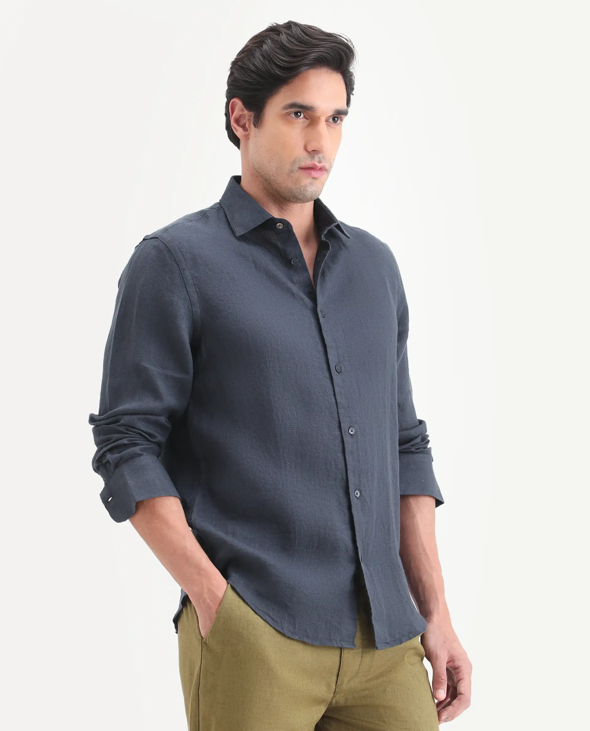 Rare Rabbit Men's Mavi-S26 Dark Blue 100% Linen Fabric Full Sleeve Spread Collar Regular Fit Plain Shirt - Image 6
