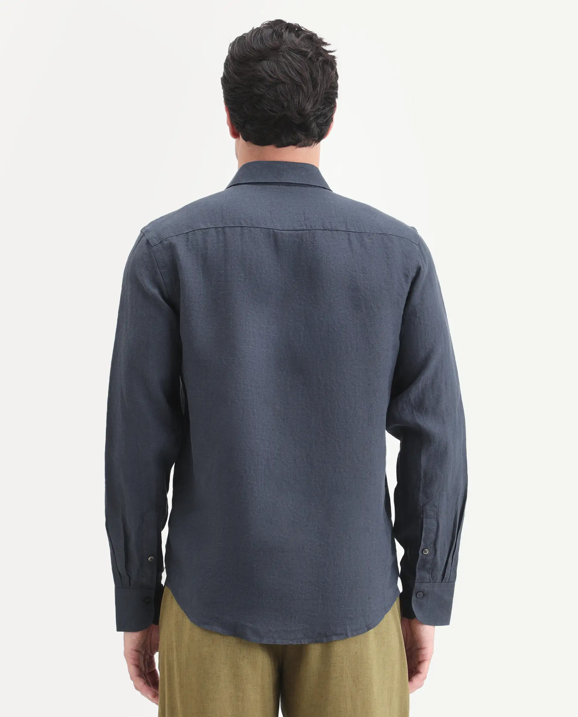 Rare Rabbit Men's Mavi-S26 Dark Blue 100% Linen Fabric Full Sleeve Spread Collar Regular Fit Plain Shirt - Image 7