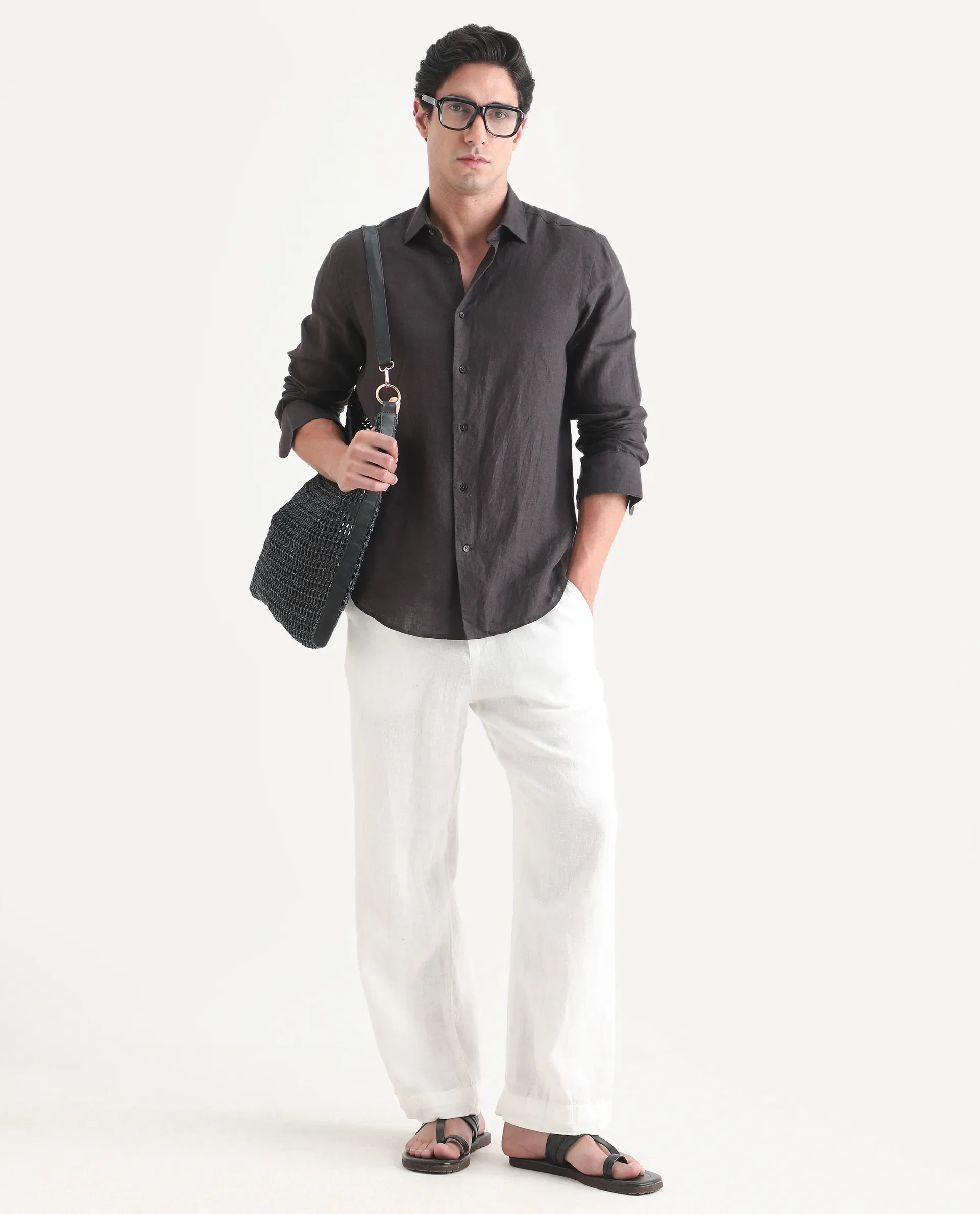 Rare Rabbit Men's Mavi-S26 Dark Grey 100% Linen Fabric Full Sleeve Spread Collar Regular Fit Plain Shirt - Image 2
