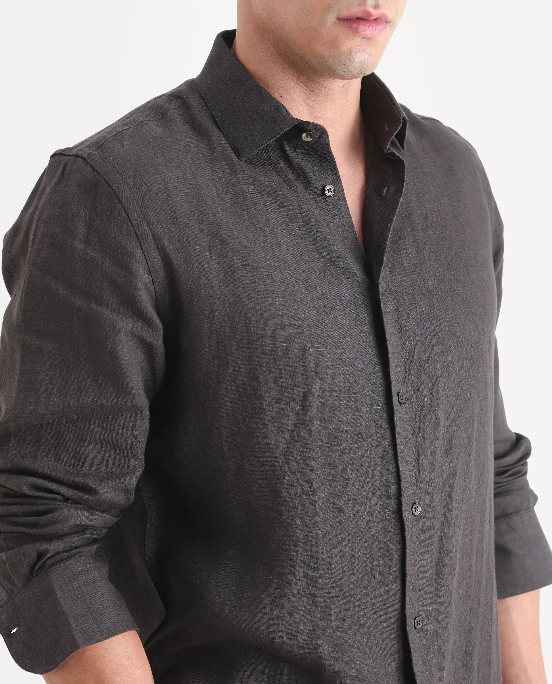 Rare Rabbit Men's Mavi-S26 Dark Grey 100% Linen Fabric Full Sleeve Spread Collar Regular Fit Plain Shirt - Image 3