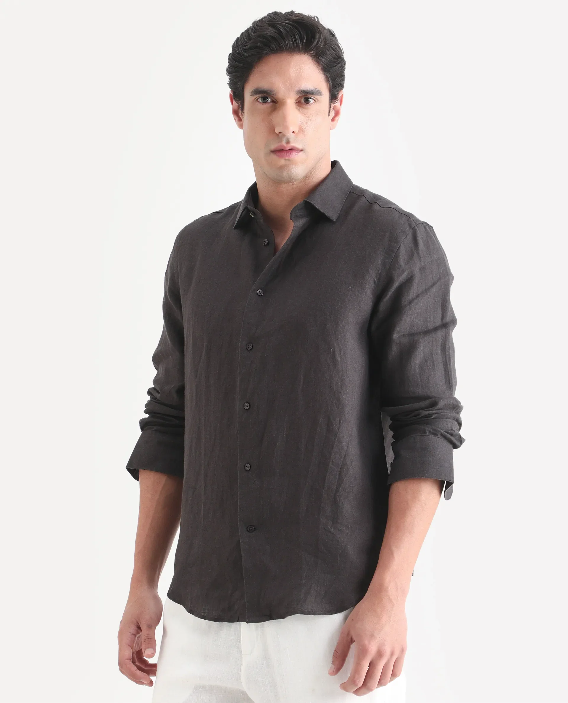 Rare Rabbit Men's Mavi-S26 Dark Grey 100% Linen Fabric Full Sleeve Spread Collar Regular Fit Plain Shirt - Image 4
