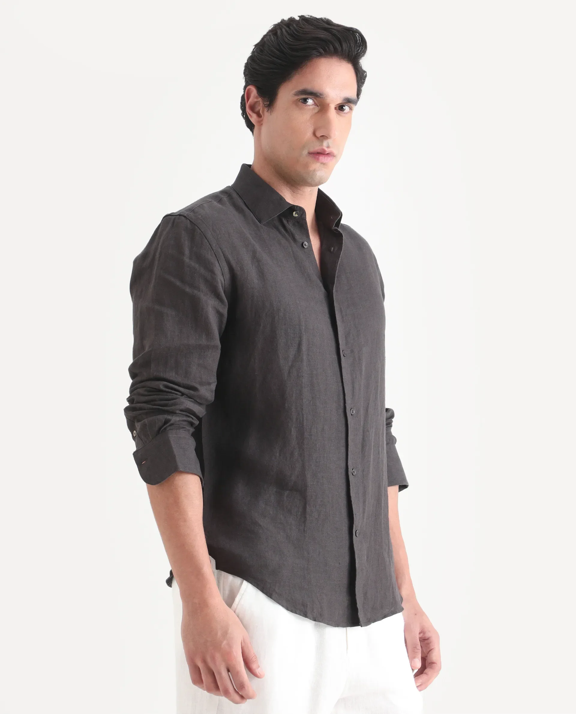 Rare Rabbit Men's Mavi-S26 Dark Grey 100% Linen Fabric Full Sleeve Spread Collar Regular Fit Plain Shirt - Image 5