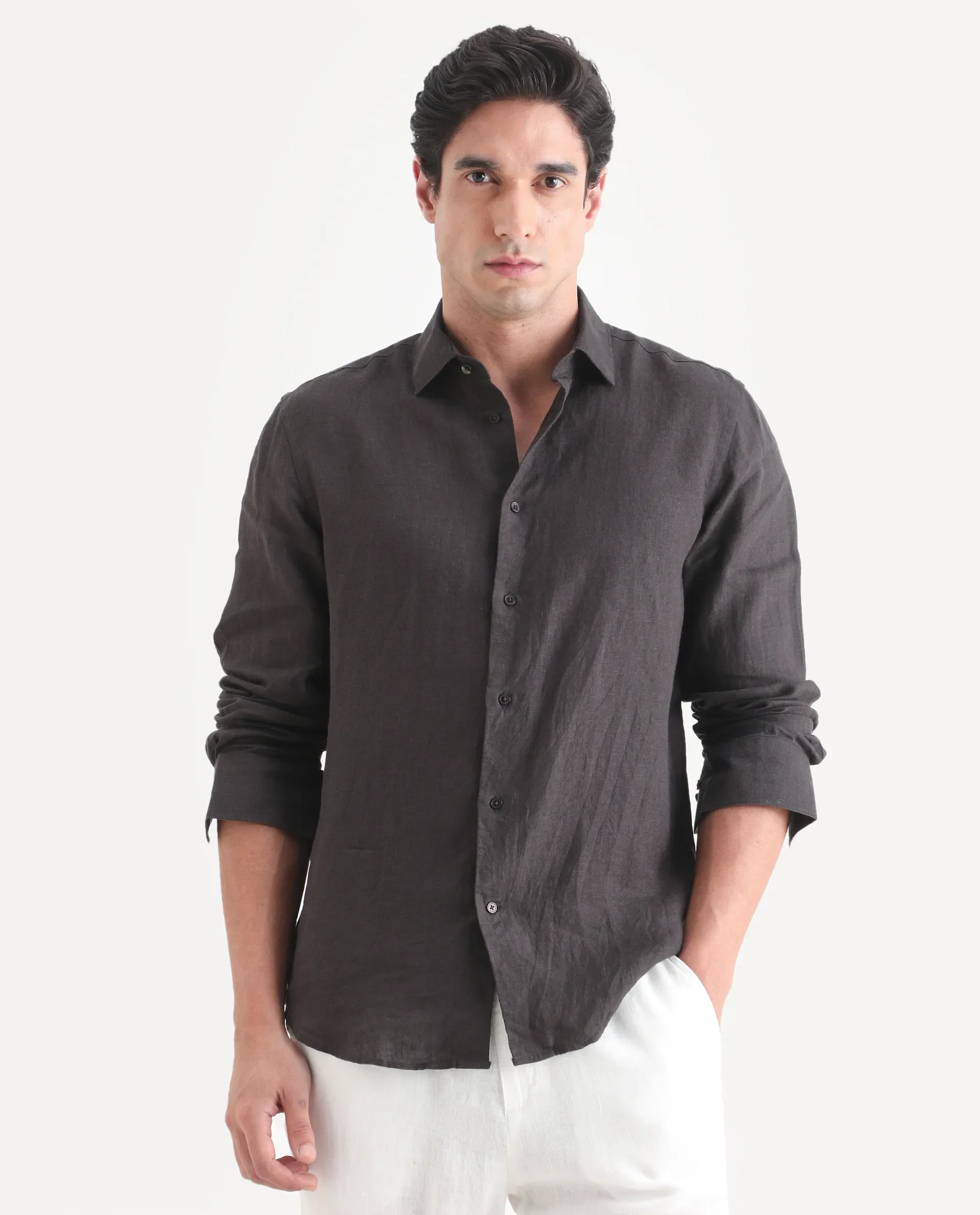 Rare Rabbit Men's Mavi-S26 Dark Grey 100% Linen Fabric Full Sleeve Spread Collar Regular Fit Plain Shirt - Image 6
