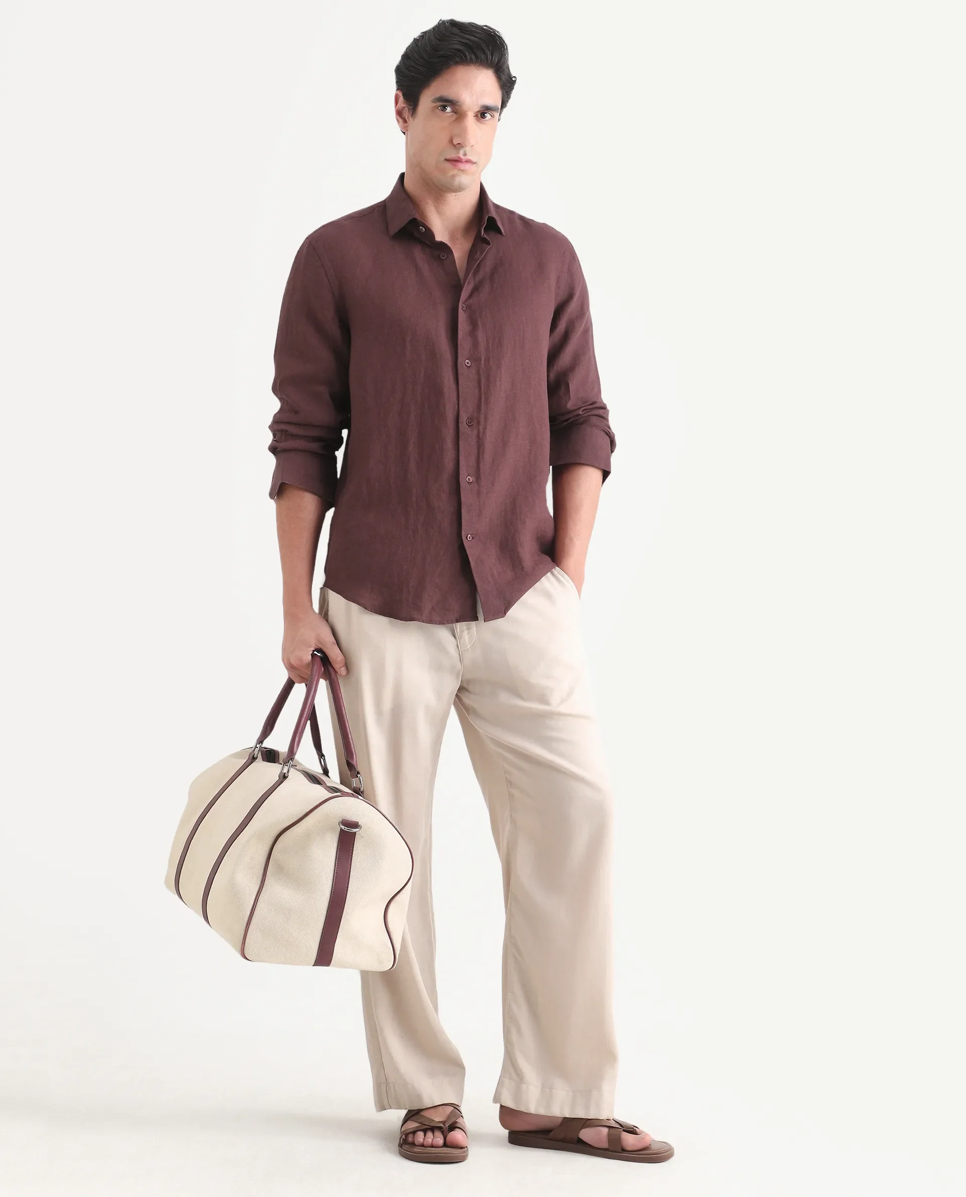 Rare Rabbit Men's Mavi-S26 Dark Maroon 100% Linen Fabric Full Sleeve Spread Collar Regular Fit Plain Shirt - Image 2