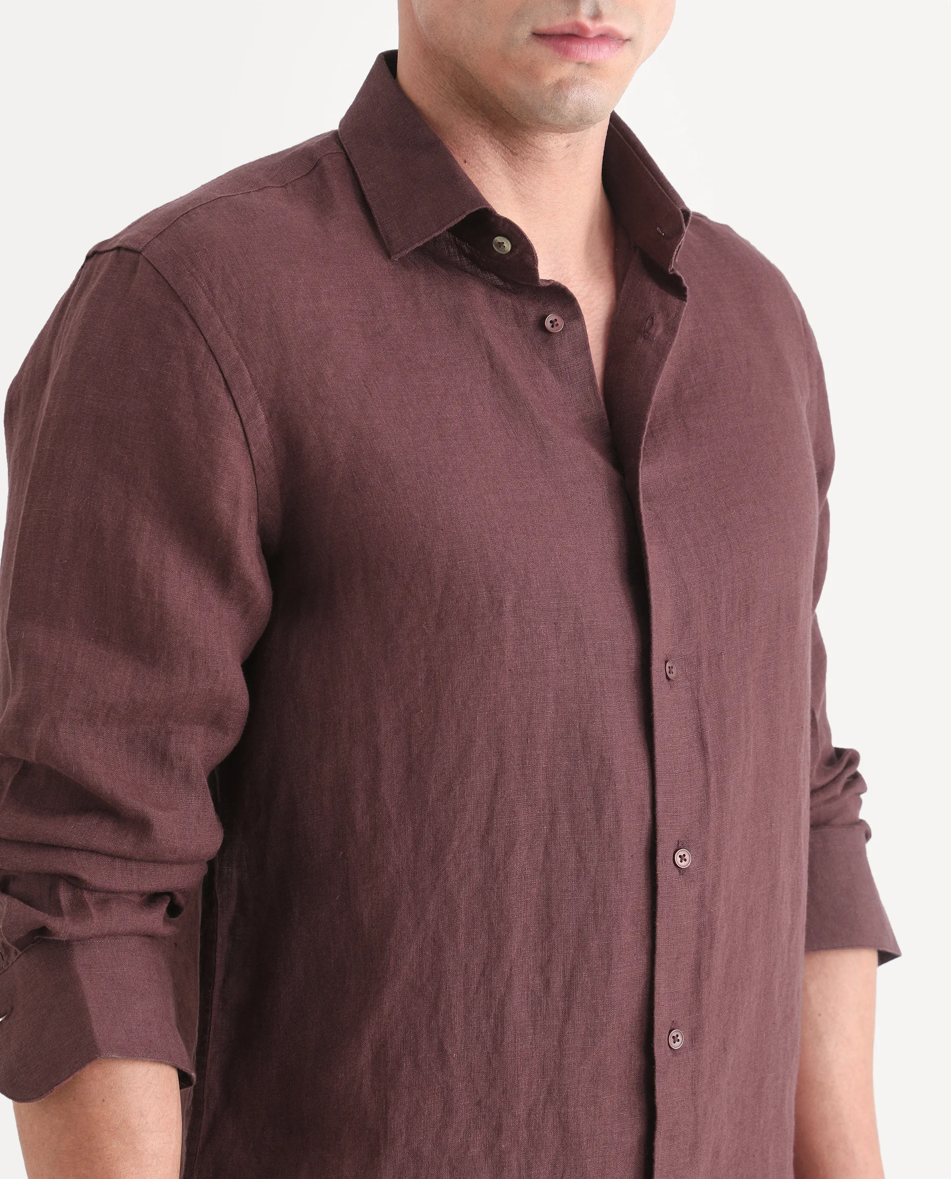Rare Rabbit Men's Mavi-S26 Dark Maroon 100% Linen Fabric Full Sleeve Spread Collar Regular Fit Plain Shirt - Image 3