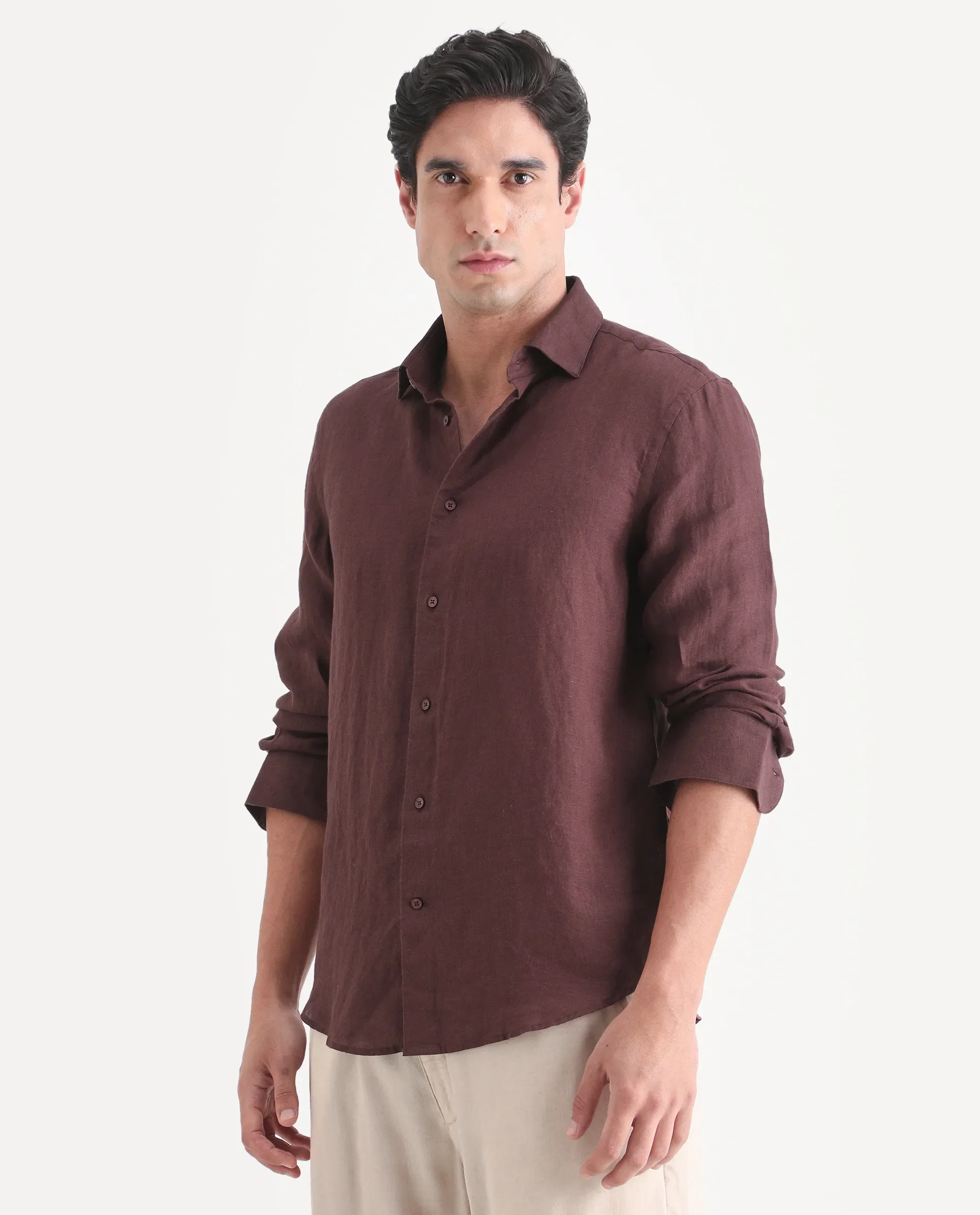 Rare Rabbit Men's Mavi-S26 Dark Maroon 100% Linen Fabric Full Sleeve Spread Collar Regular Fit Plain Shirt - Image 4
