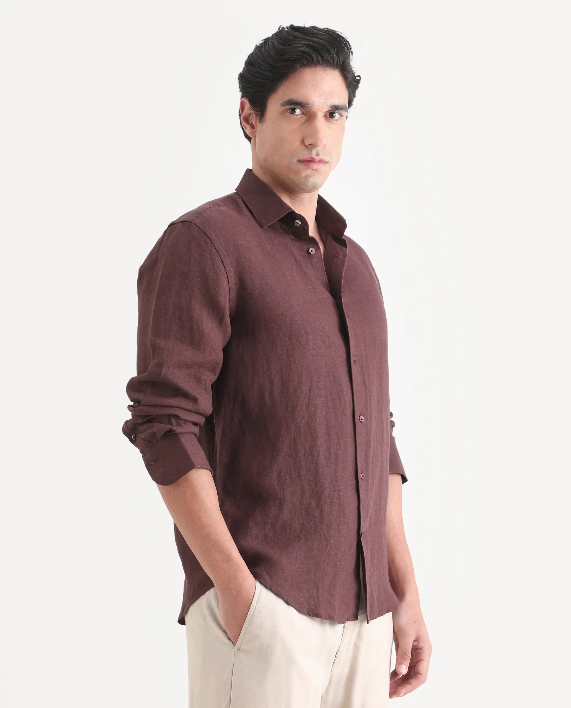 Rare Rabbit Men's Mavi-S26 Dark Maroon 100% Linen Fabric Full Sleeve Spread Collar Regular Fit Plain Shirt - Image 5