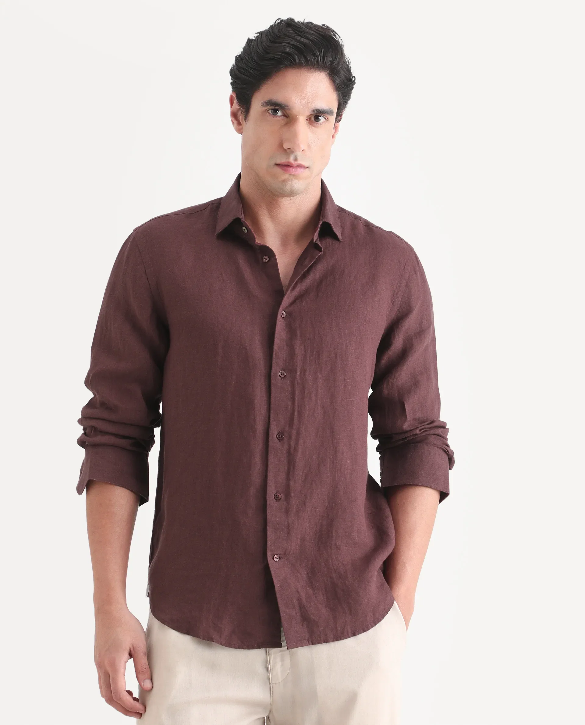 Rare Rabbit Men's Mavi-S26 Dark Maroon 100% Linen Fabric Full Sleeve Spread Collar Regular Fit Plain Shirt - Image 6