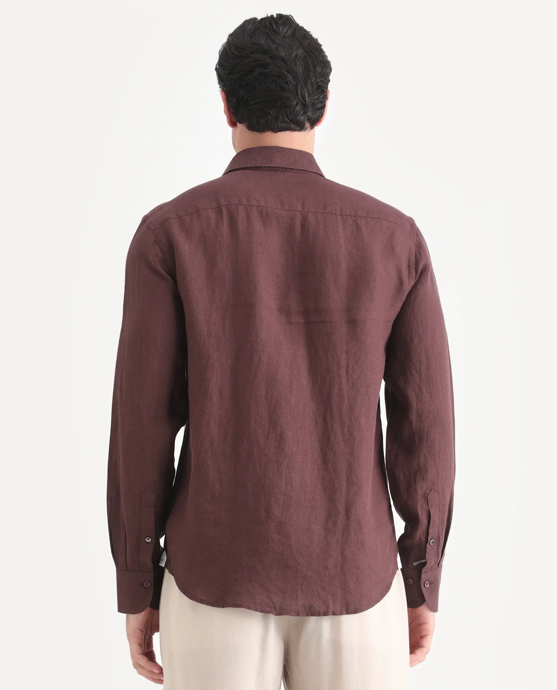 Rare Rabbit Men's Mavi-S26 Dark Maroon 100% Linen Fabric Full Sleeve Spread Collar Regular Fit Plain Shirt - Image 7