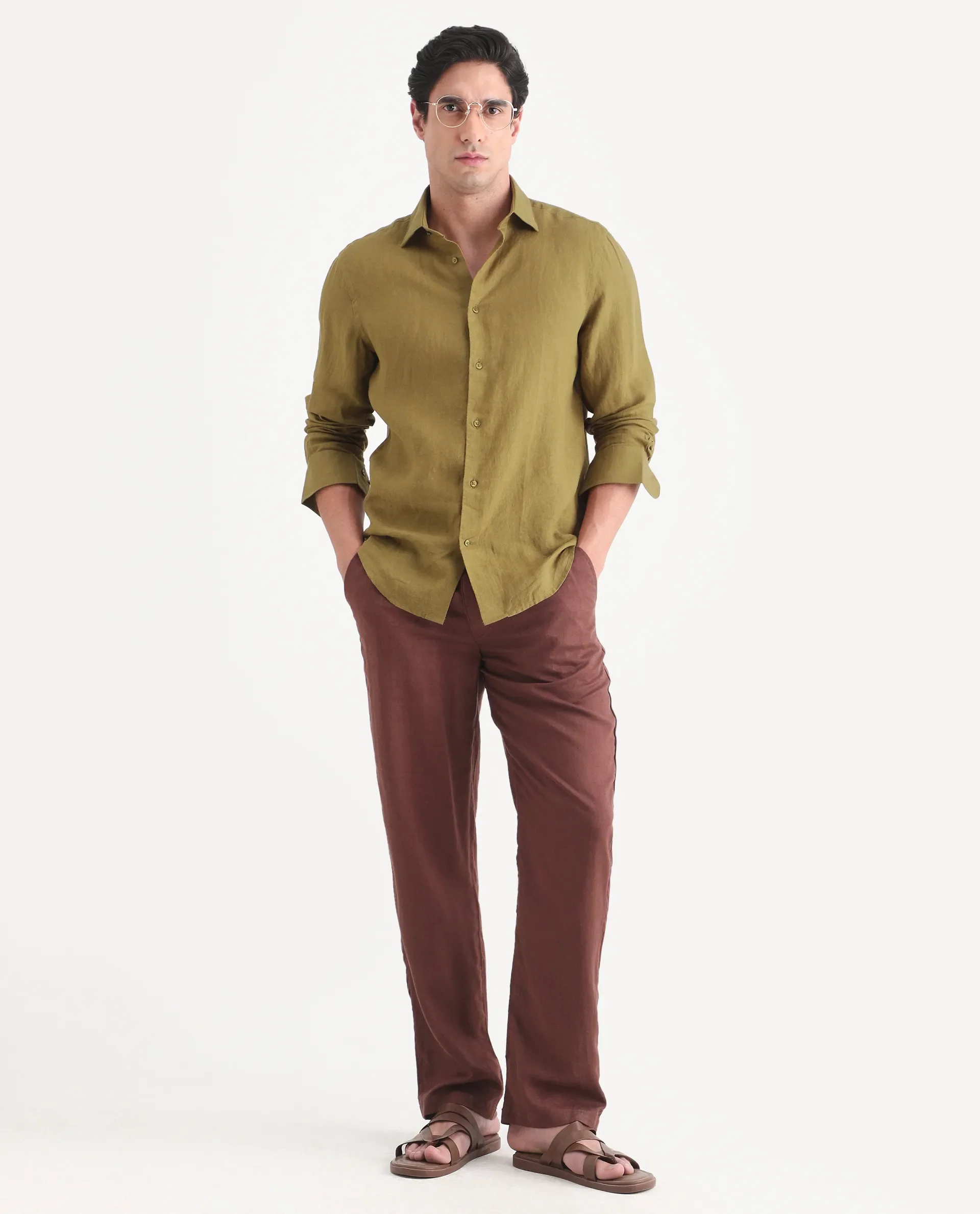 Rare Rabbit Men's Mavi-S26 Mustard 100% Linen Fabric Full Sleeve Spread Collar Regular Fit Plain Shirt - Image 2
