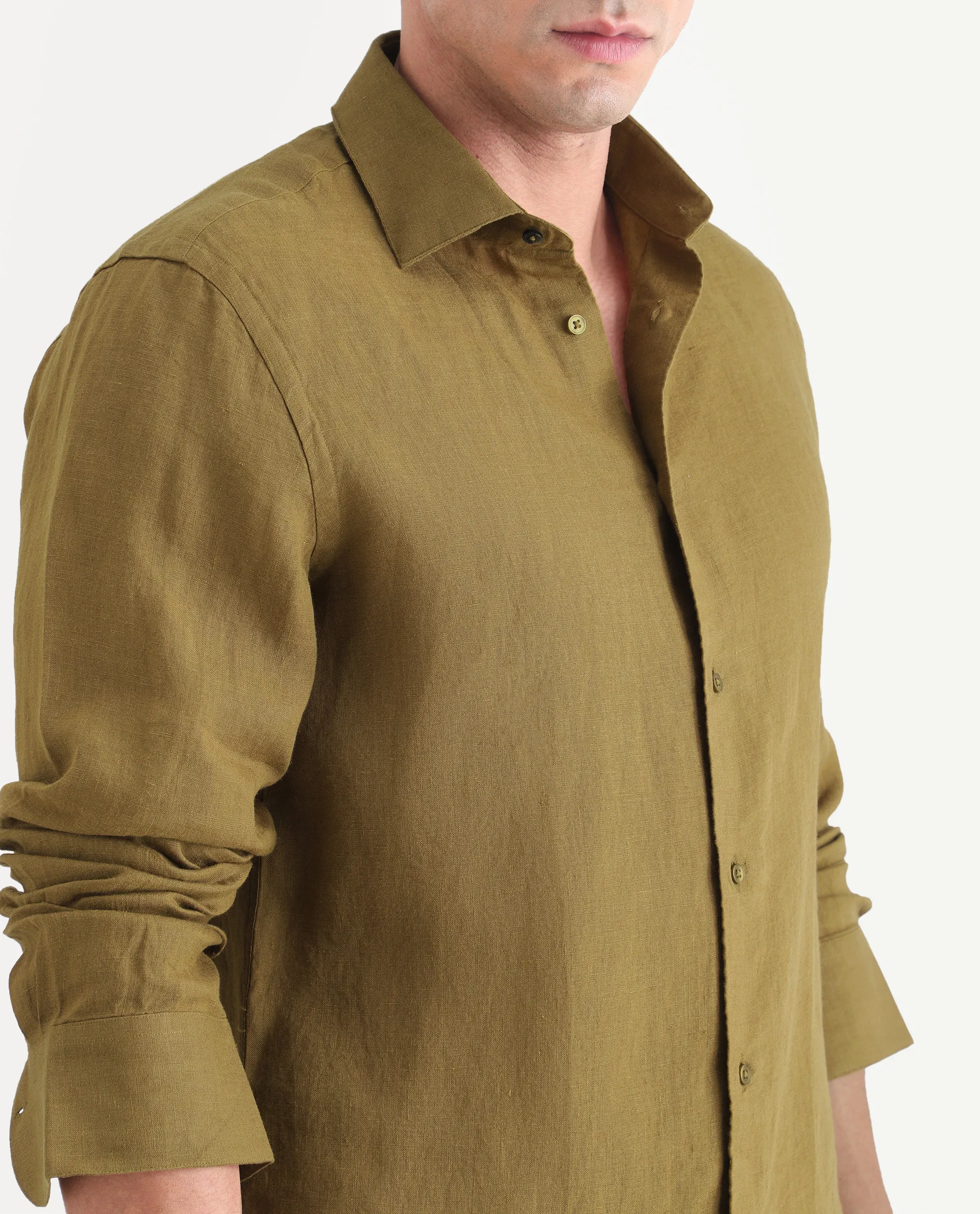 Rare Rabbit Men's Mavi-S26 Mustard 100% Linen Fabric Full Sleeve Spread Collar Regular Fit Plain Shirt - Image 3