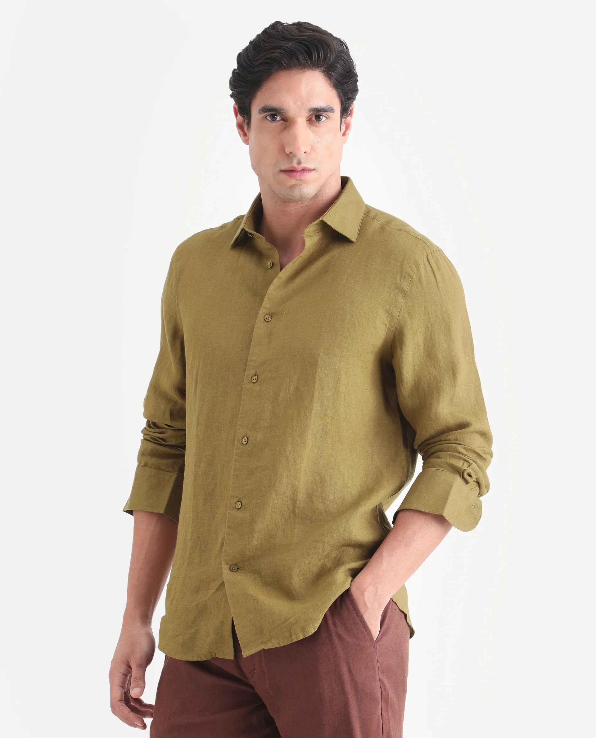 Rare Rabbit Men's Mavi-S26 Mustard 100% Linen Fabric Full Sleeve Spread Collar Regular Fit Plain Shirt - Image 4