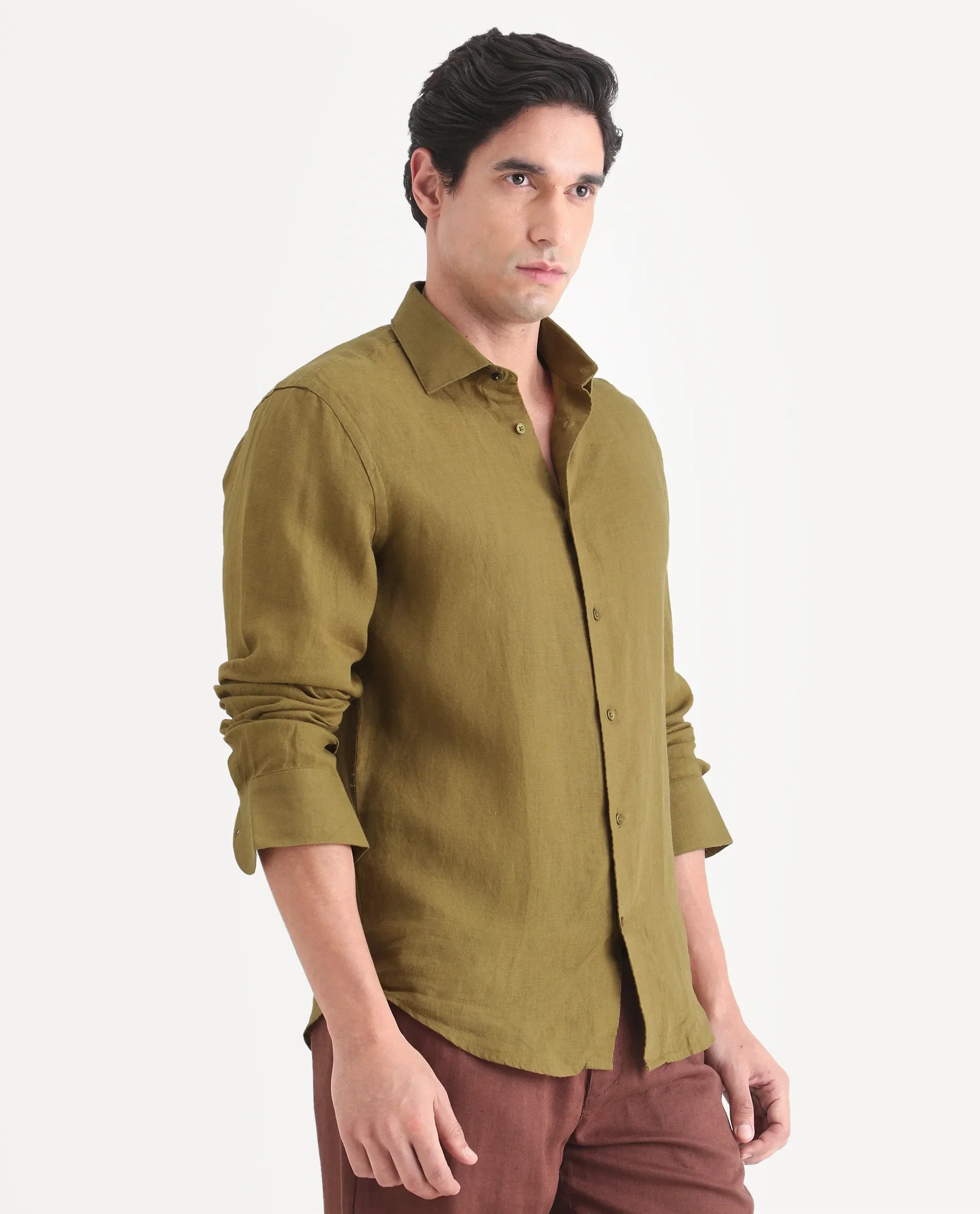 Rare Rabbit Men's Mavi-S26 Mustard 100% Linen Fabric Full Sleeve Spread Collar Regular Fit Plain Shirt - Image 5